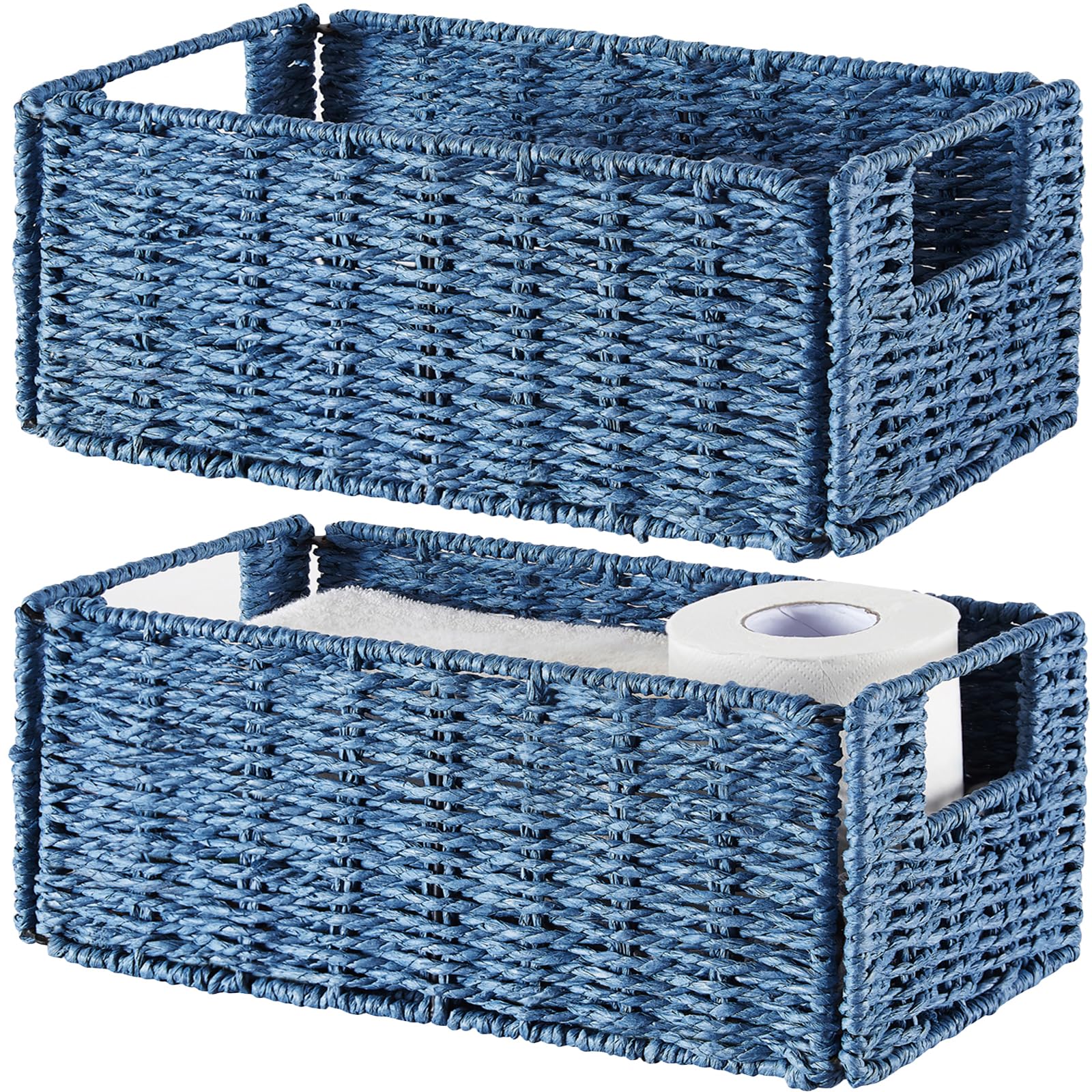 Vagusicc Wicker Storage Basket Set of 2 - Handwoven Paper Rope Baskets for Organizing Toilet Paper, Foldable Cube Storage Bins for Shelves - Perfect for Bathroom, Bedroom & Home Organization (Blue)