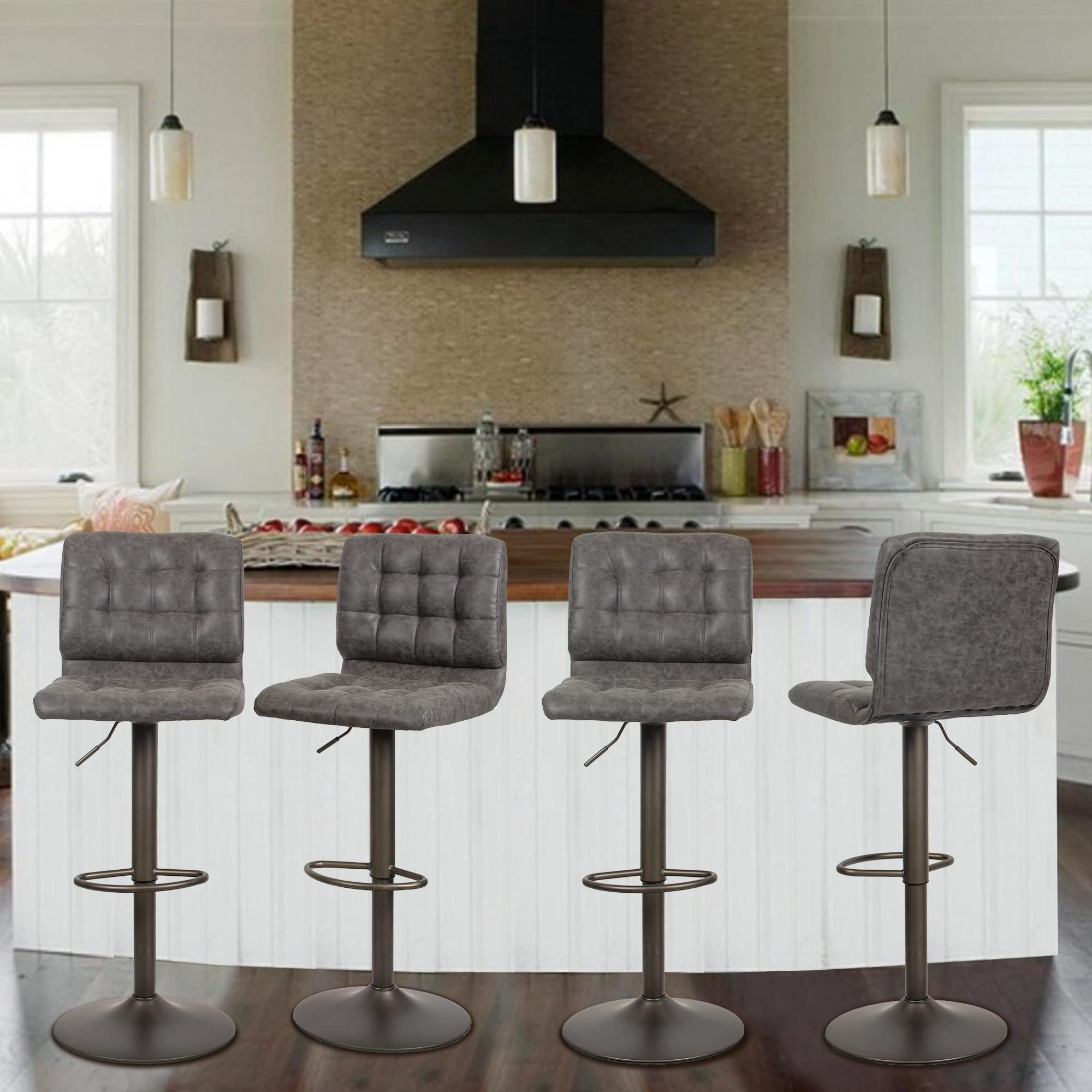 Sophia & William Set of 4 Adjustable Swivel Bar Stools - 350lb Capacity Modern Square PU Leather Counter Height Barstools with Back Support for Kitchen, Pub & Home Bar - Perfect for Entertaining & Dining (Grey)