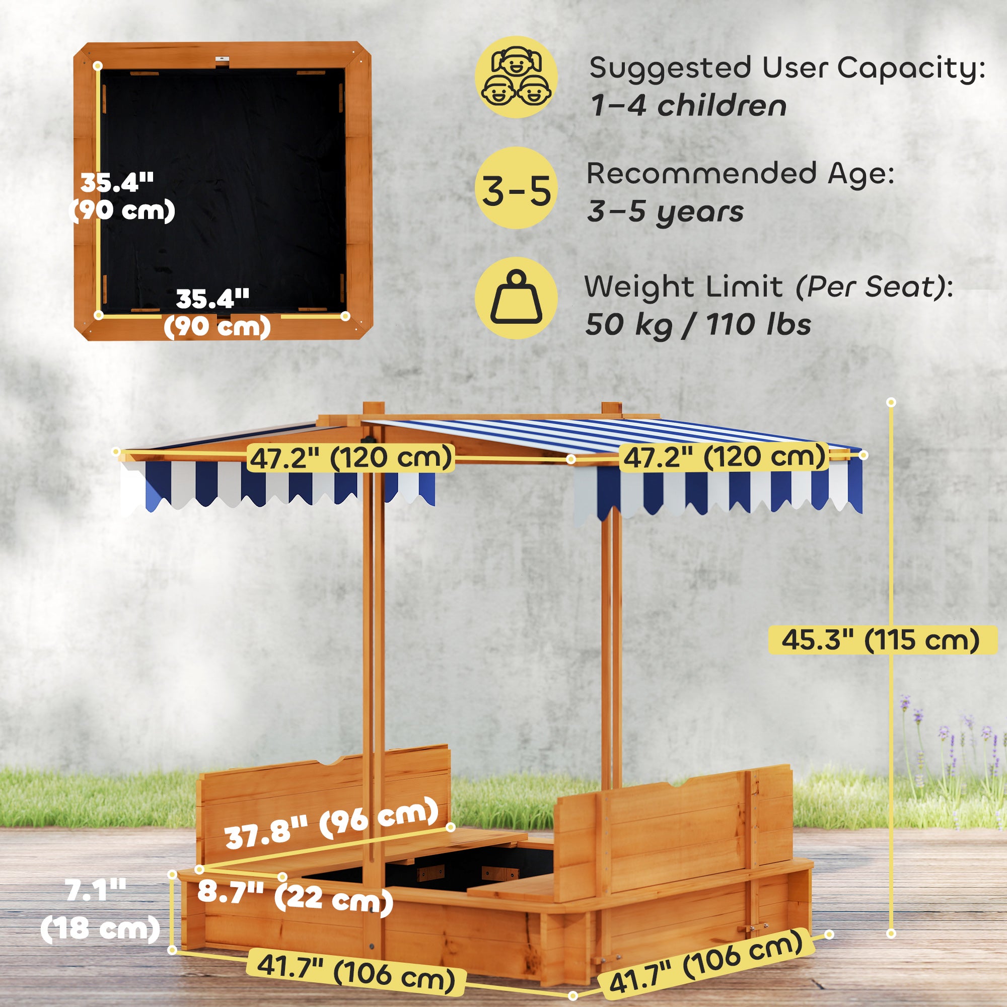 Outsunny Wooden Kids Sandbox with Cover - Foldable Bench Seats & Adjustable Canopy for Outdoor Play - Red Sandbox for Backyard, Garden, or Park Fun