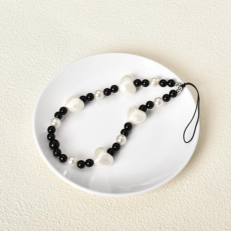 Kilener Heart Beaded Phone Lanyard - Black & White Wrist Strap with Anti-Lost Chain for iPhone Samsung Phone Cases | Cute Phone Charms Accessories for Women & Girls | Perfect for Work, School & Travel