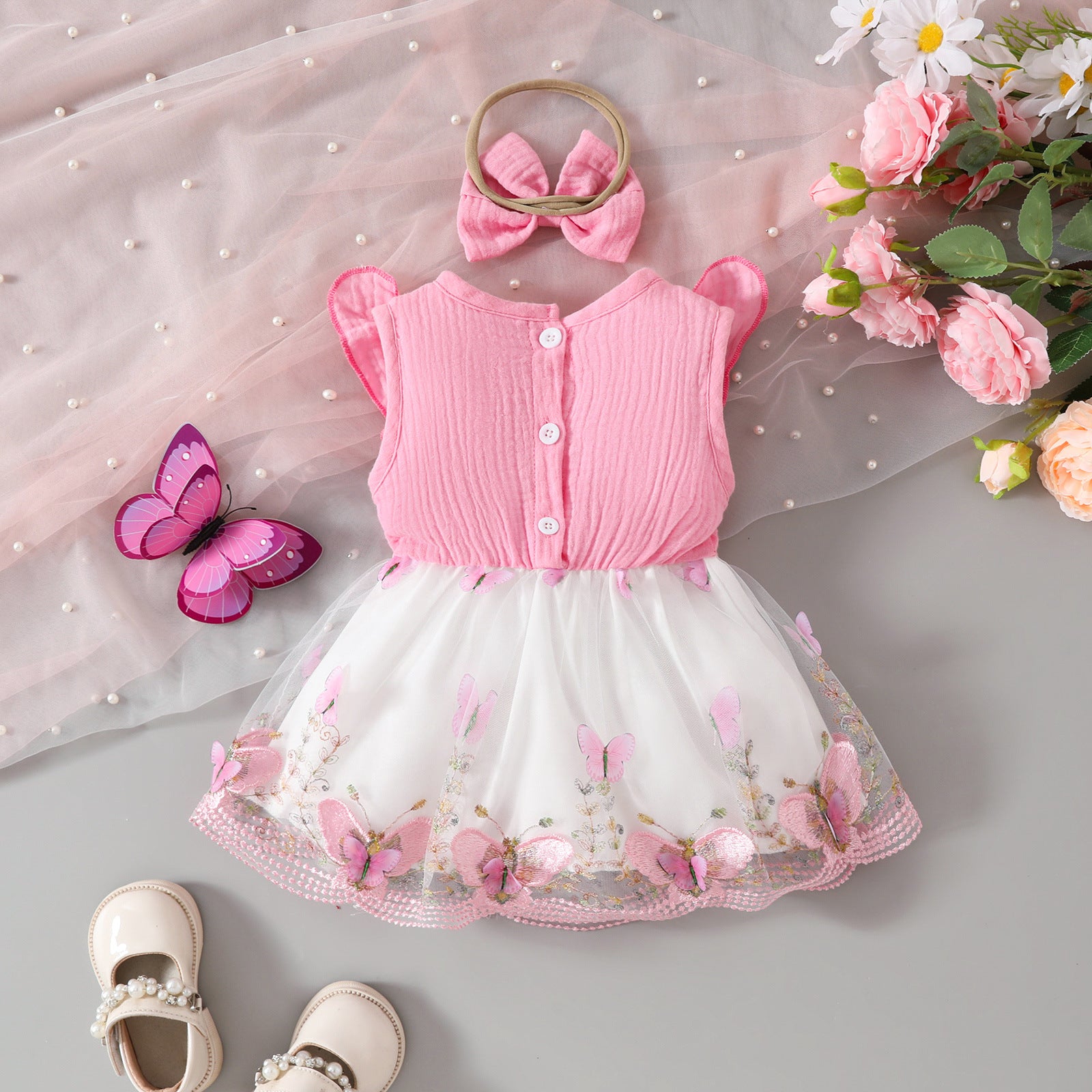 Adorable Pink Bow Sleeveless Baby Girl Dress - Summer Outfit for Photoshoots, Parties & Special Occasions