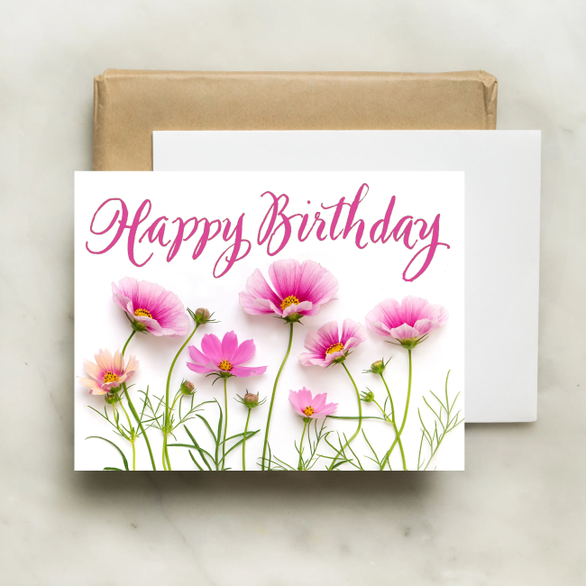 Happy Birthday Card with Pink Flowers & Bottle Branch Botanical Design - Perfect for Birthdays, Anniversaries & Special Occasions