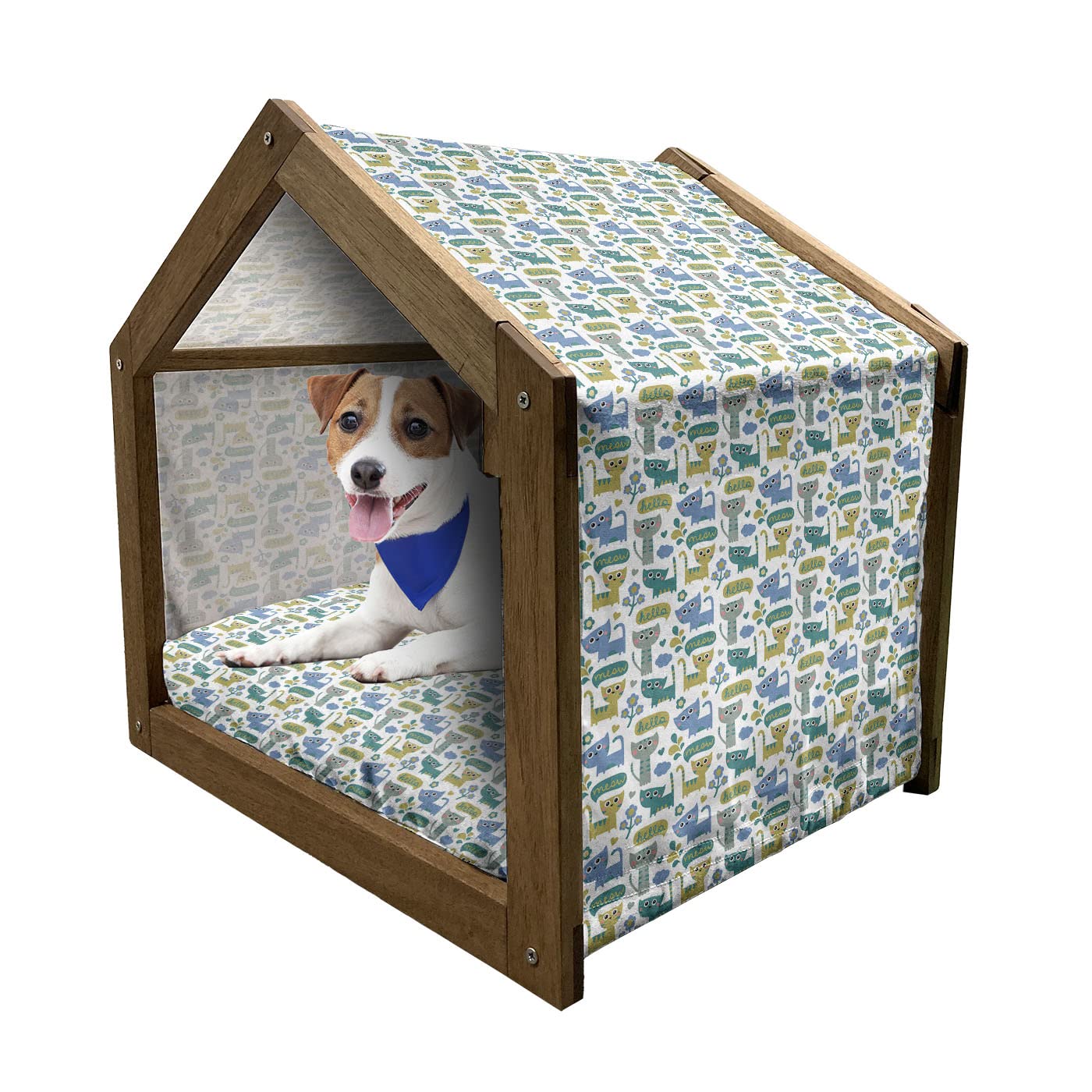 Ambesonne Wooden Cat House for Indoor & Outdoor Use - Portable Pet Kennel with Pillow & Cover, Cartoon Kitten Design with Speech Bubbles, Flowers, Hearts & Clouds - Perfect for Small Cats & Dogs - Great for Home, Garden, or Travel Use