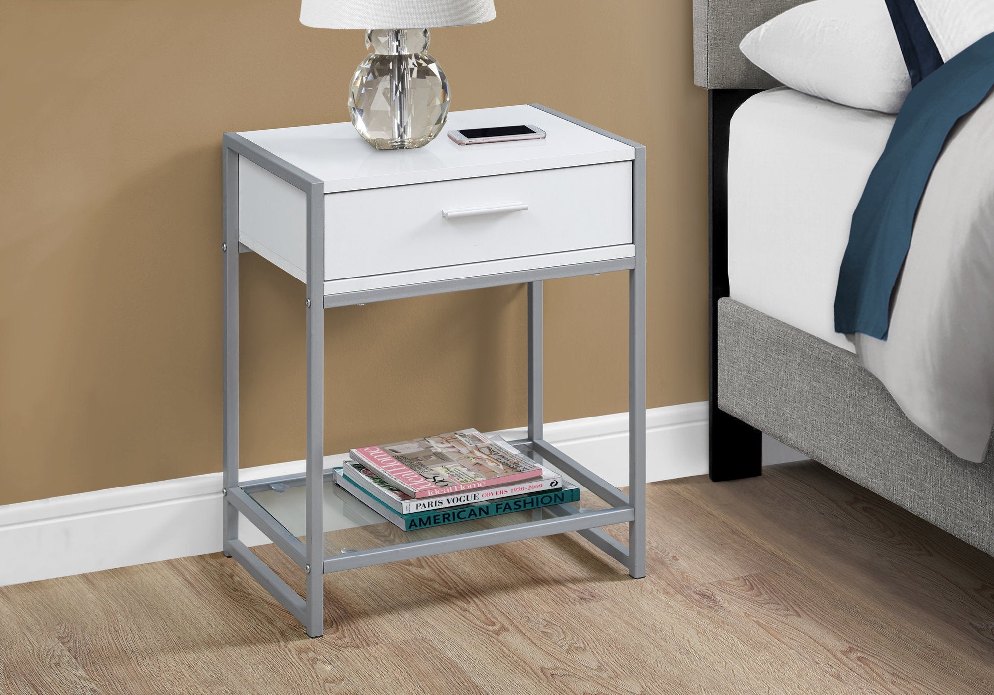 Modern Accent Table - 22 Inch Height, White & Silver Metal Frame with Tempered Glass Top - Perfect for Living Room, Bedroom, or Office Decor