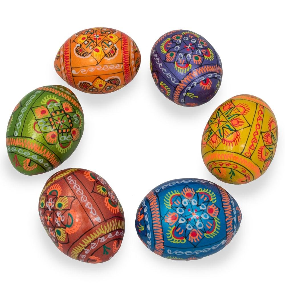 Set of 6 Pearlized Ukrainian Pysanky Wooden Easter Eggs 2.5 Inches - Perfect for Easter Decorations, Gift Giving, and Holiday Crafting