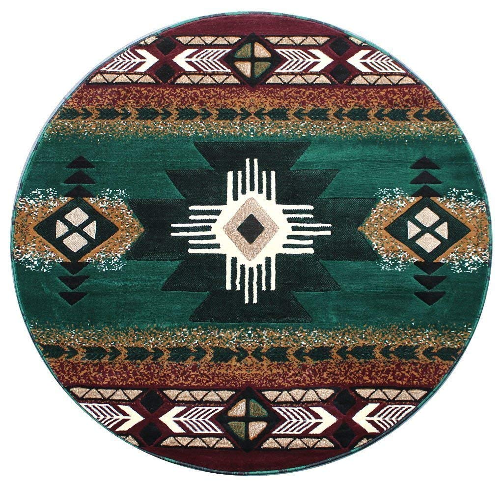 Champion Rugs Navajo Aztec Native American Tribal Green Area Rug 7x7 Feet Round - Boho Chic Home Decor for Living Room, Bedroom & Office