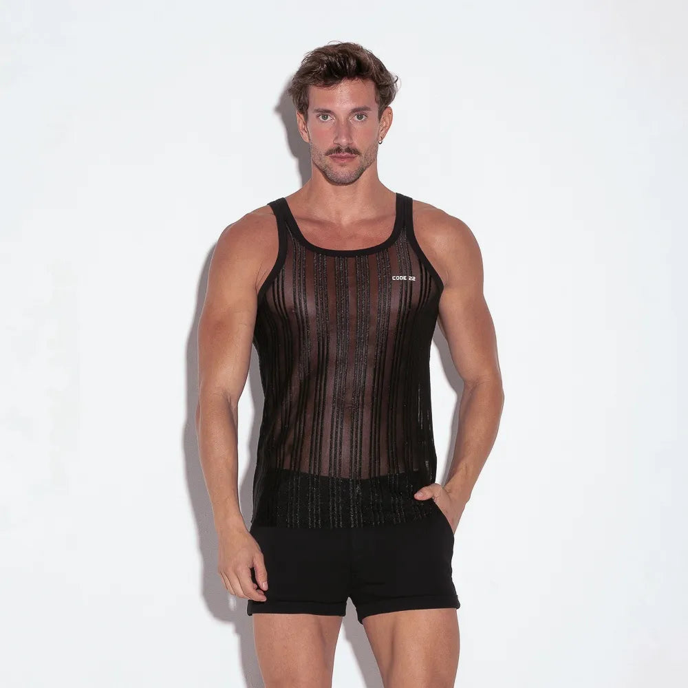Code 22 Mesh Striped Tank Top 9632 - Black | Breathable Summer Casual Wear for Women, Perfect for Beach, Gym, and Everyday Outfits