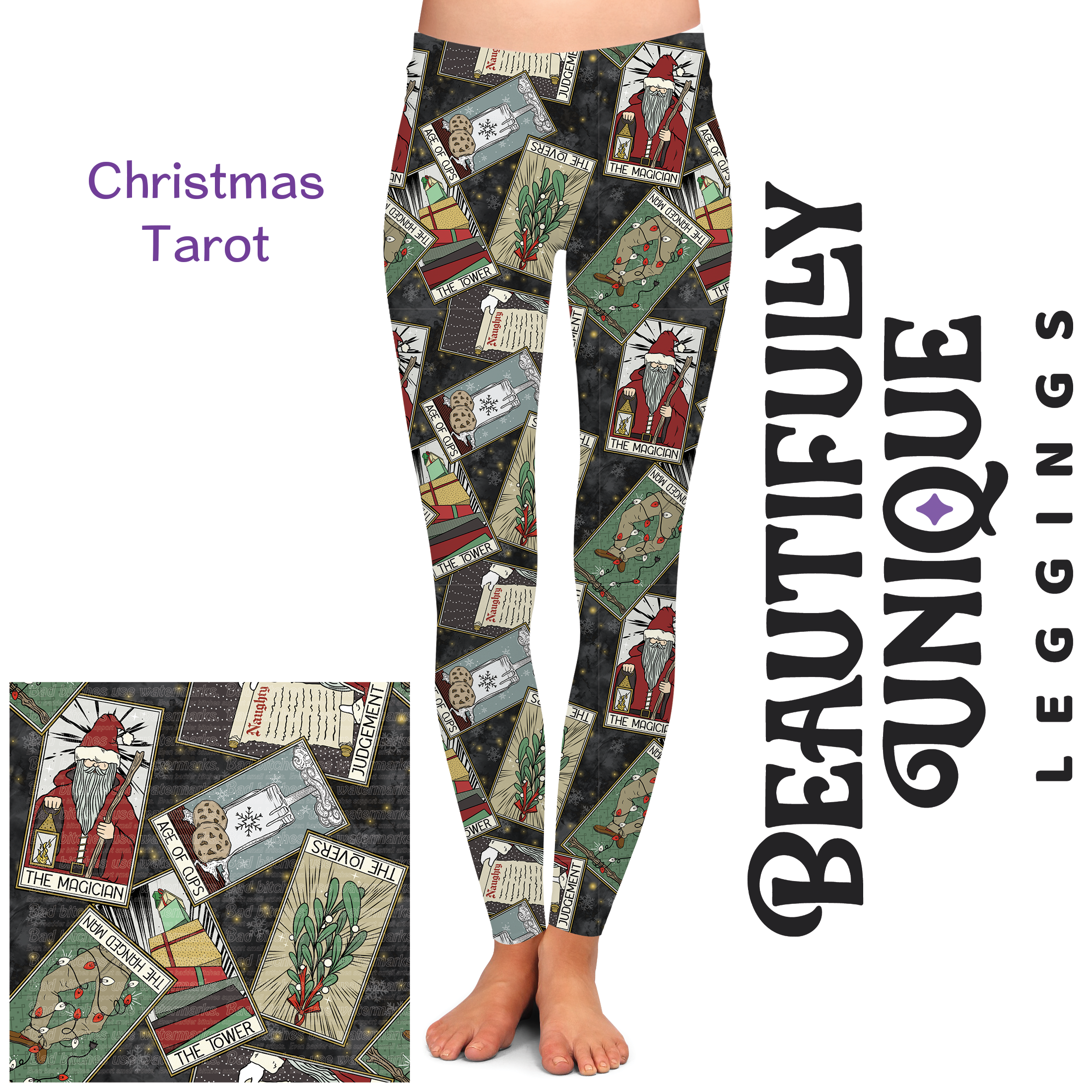 Handcrafted Vibrant Christmas Tarot Leggings - Witchy Witchmas & Creepmas Themed - High Quality Semi-Exclusive Design | Perfect for Holiday Parties, Cosplay & Festive Outfits