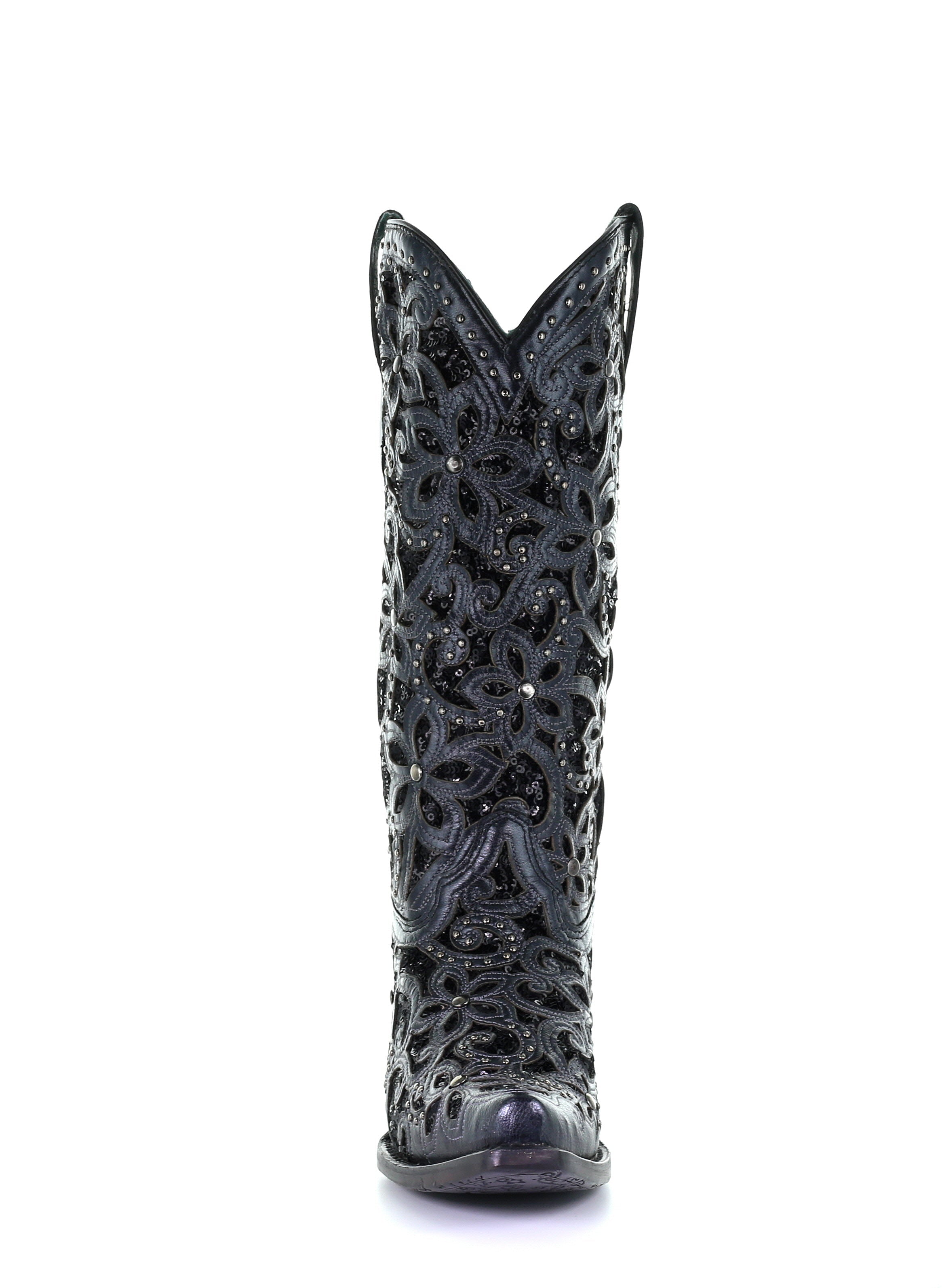 **A3752 Women's Black Western Cowgirl Leather Boots - Stylish & Comfortable for Rodeo, Country Dance & Everyday Wear**