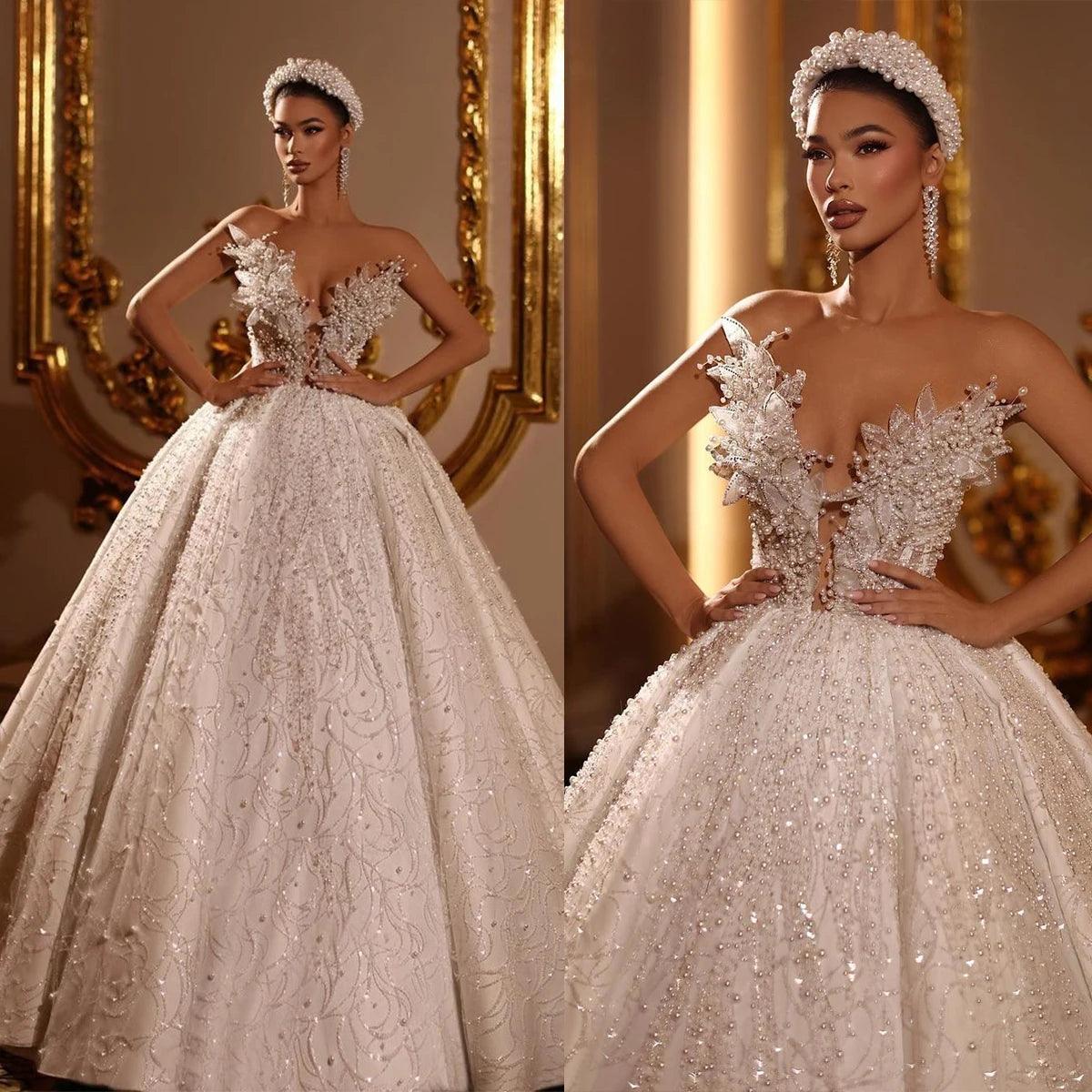 Elegant Pearl Beaded Lace Wedding Dress - Custom V Neck Bridal Gown for Romantic Ceremonies & Beach Weddings
