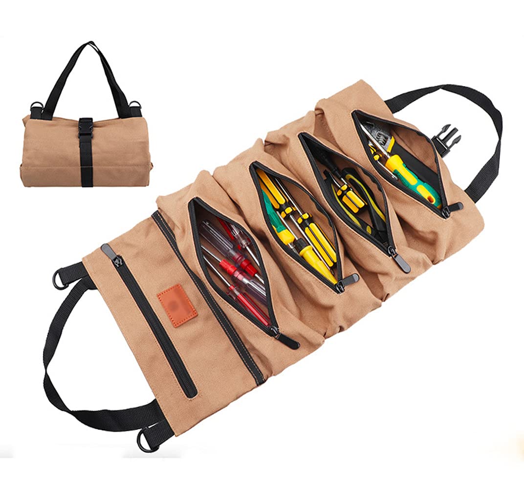 Maizoon Heavy Duty Tool Roll Up Bag with 5 Zipper Pockets - Multi-Purpose Back Seat Organizer & Hanging Tool Carrier Tote for Mechanics, Electricians, DIY Enthusiasts - UH05 Blue - Perfect for Car, Garage, Workshop & Job Site Organization