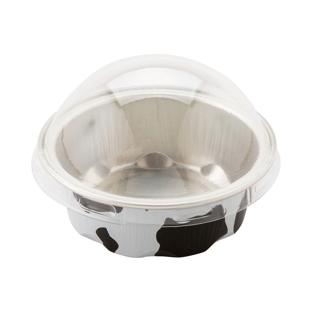 2 oz Round Cow Print Aluminum Baking Cups with Plastic Dome Lids - 2 3/4 x 2 3/4 x 1 Inch - 100 Count Box - Perfect for Cupcakes, Muffins & Party Desserts