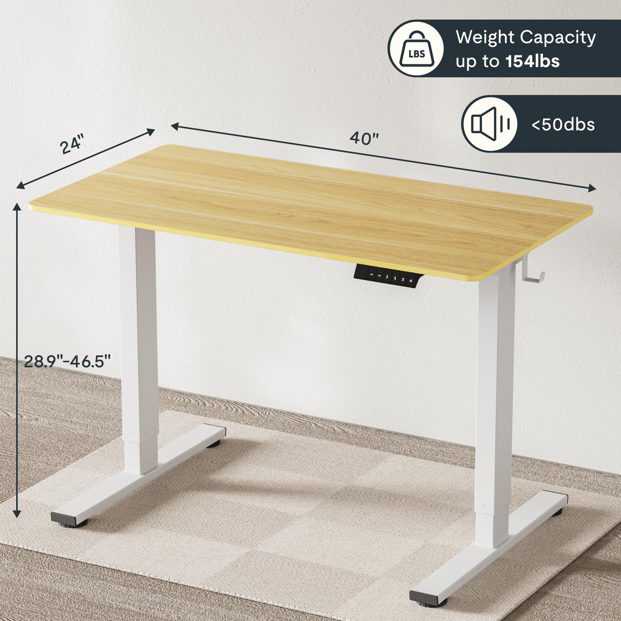 Flexispot EN1 Electric Height Adjustable Standing Desk 40 x 24 Inches - Whole-Piece Maple Top & White Frame - Sit Stand Home Office Desk for Work, Study & Gaming (Ergonomic Workspace Solution)