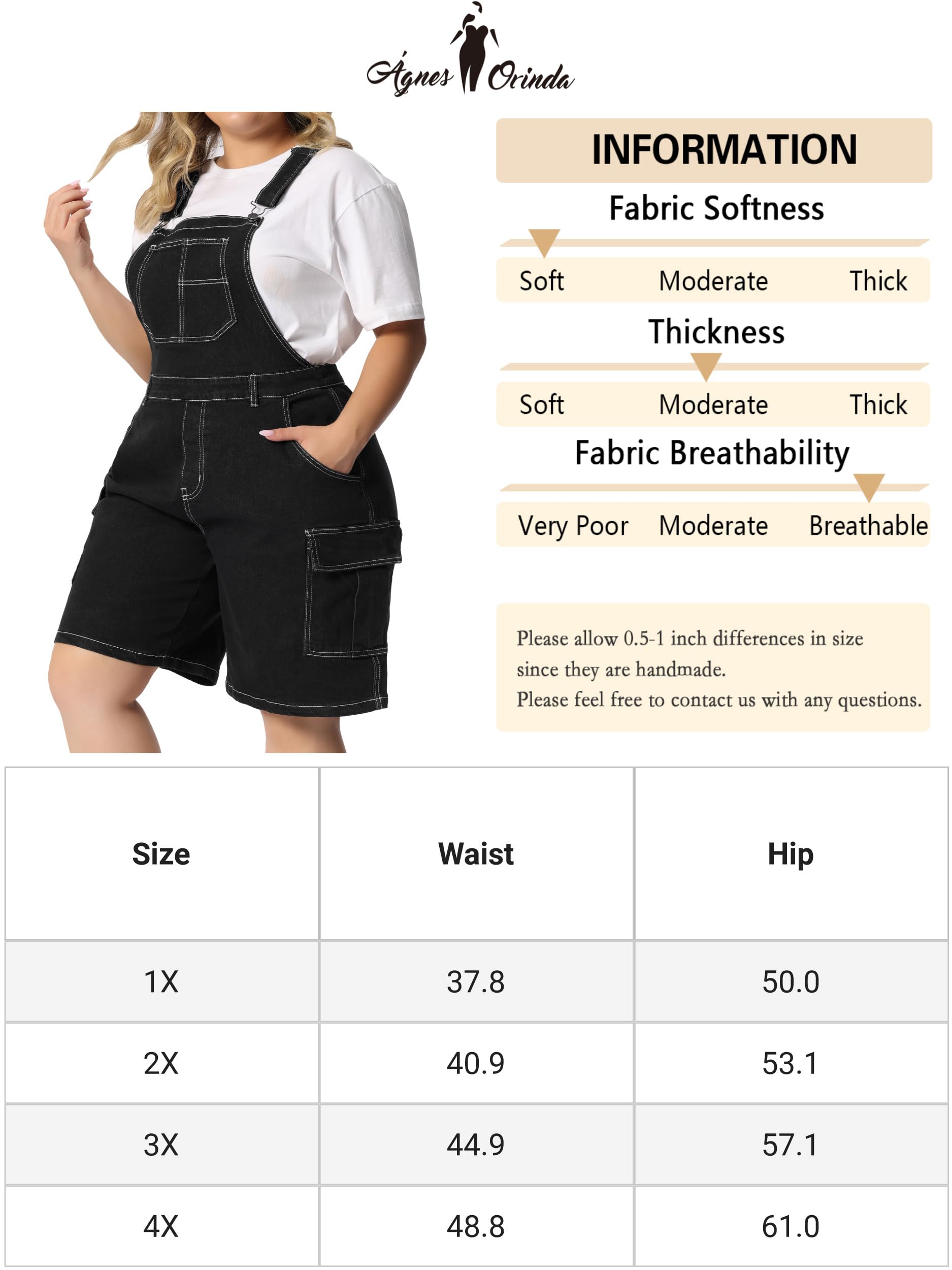 Agnes Orinda Women's Plus Size Denim Overalls with Adjustable Straps & Cargo Pockets - Casual Summer Jumpsuit for Outdoor Activities, Travel and Streetwear Fashion