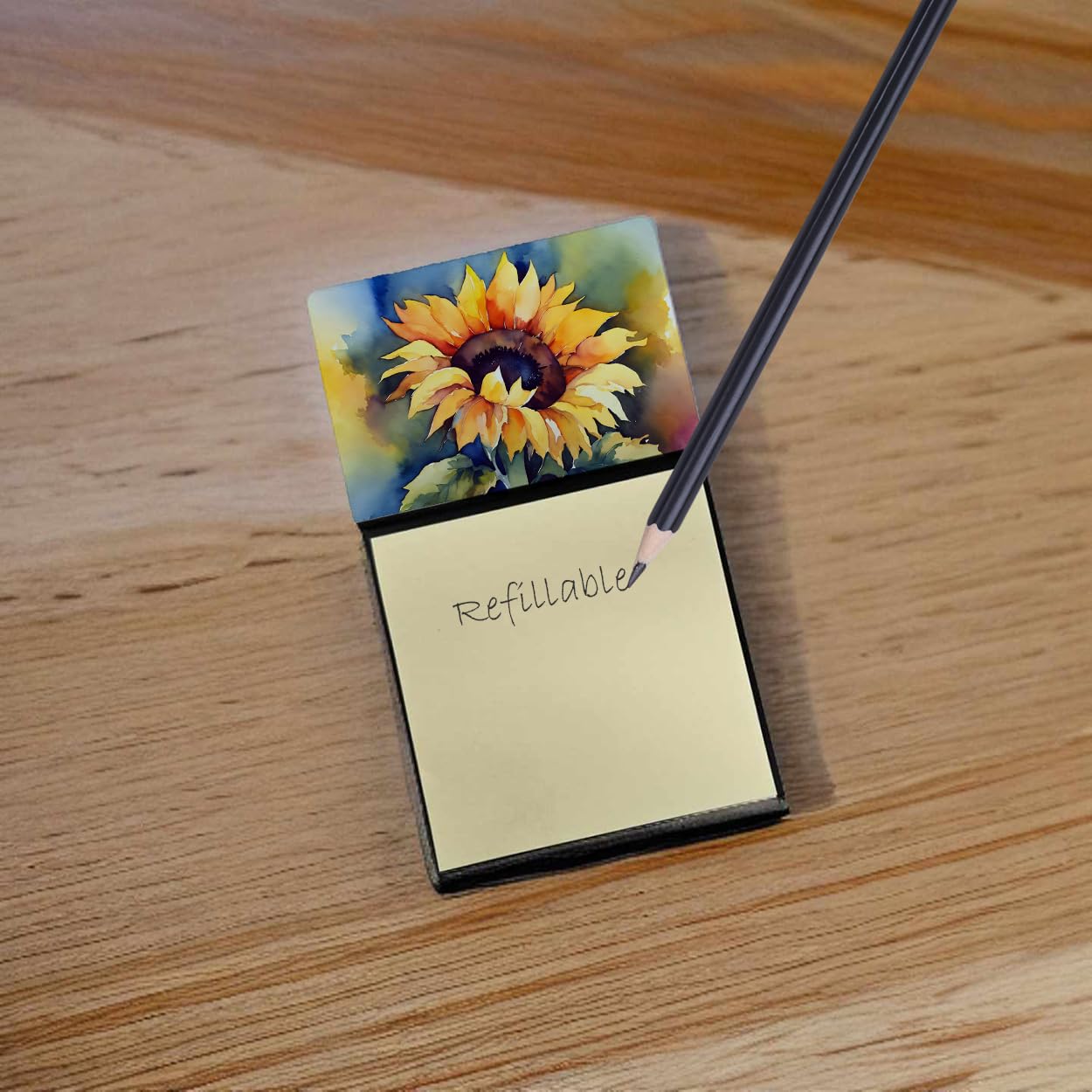 Refillable Sunflower Watercolor Sticky Note Holder with Self-Sticky Memo Pads - Office Desk Organizer for Home & Work Productivity