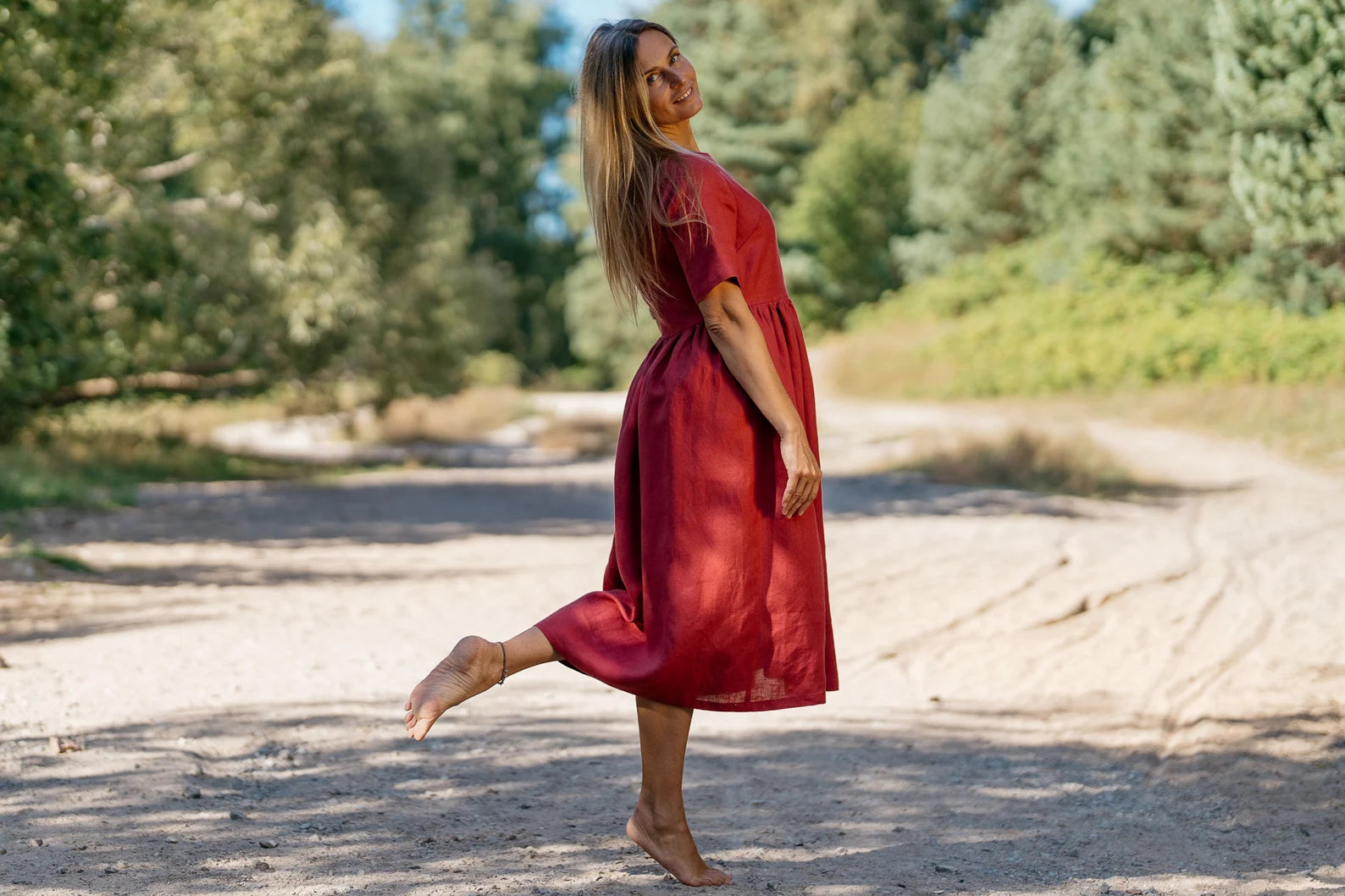 Blue Sky Linen Loose Dress in Raspberry - Comfortable Summer Maxi Dress for Beach, Vacation and Casual Wear
