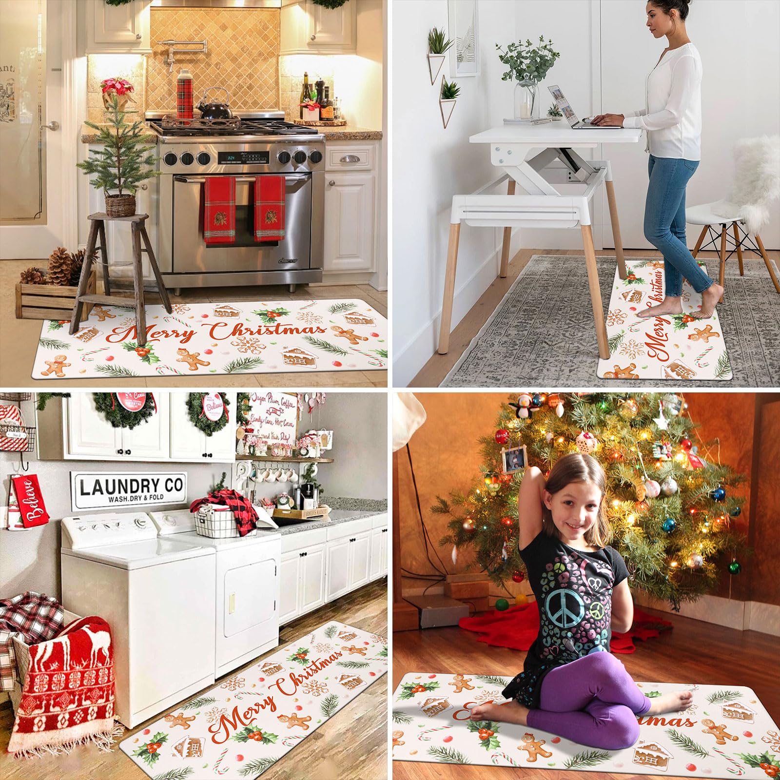 Topotdor Christmas Gingerbread Man Kitchen Mat Set of 2 - Non-Slip Anti-Fatigue Waterproof Holiday Decor Rugs for Winter & Christmas - Perfect for Kitchen, Dining Room, and Holiday Home Decor