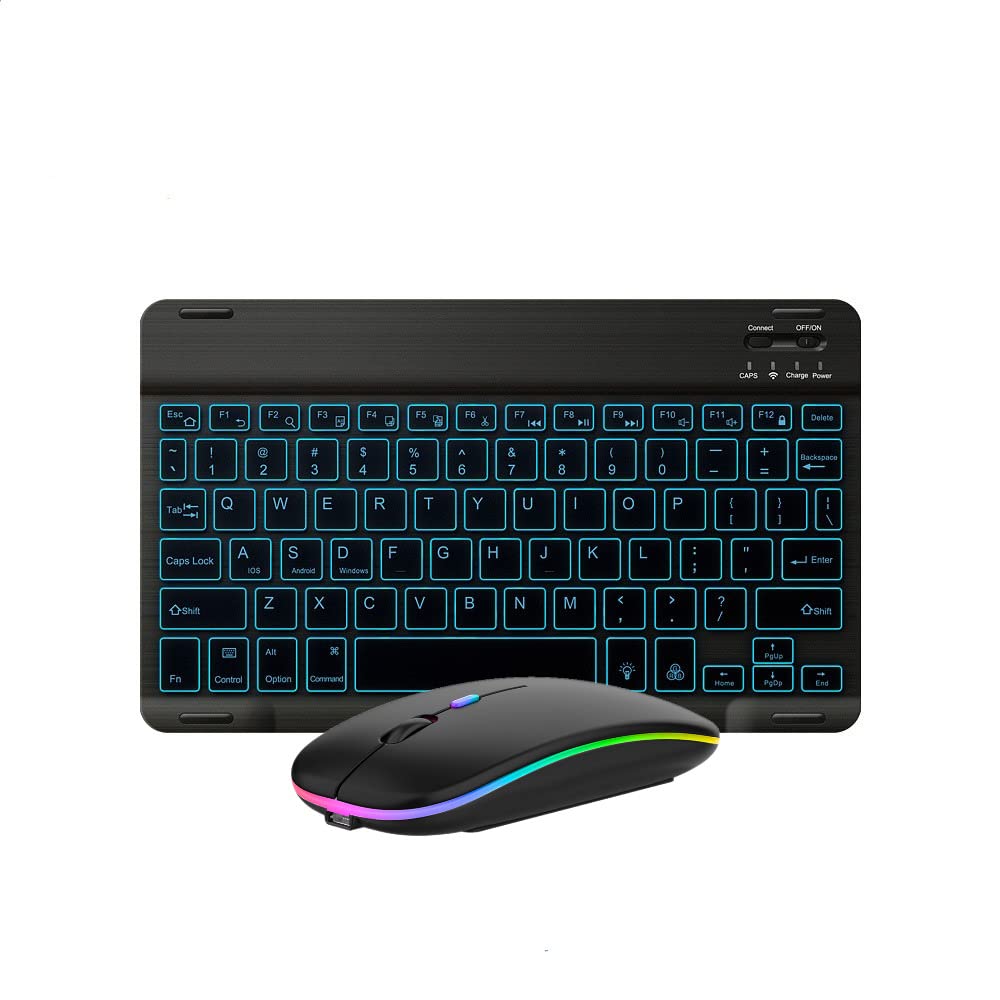 Rechargeable Wireless Bluetooth Keyboard and Mouse Combo with 7-Color Backlit for iPad 9th/8th Gen, iPad Pro/Air/Mini, iPhone 14/13/12 Pro - Perfect for Home Office, Online Learning & Gaming (Black)