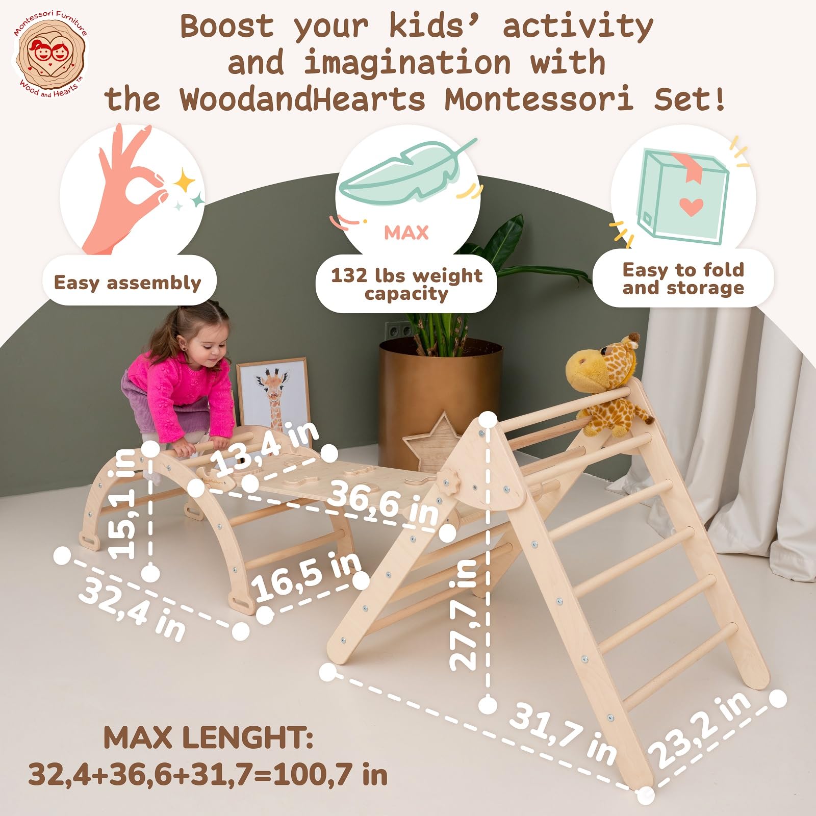 Wooden Climbing Triangle Gym for Toddlers - 3-in-1 Montessori Climbing Set with Ramp & Slide - Natural Wood Baby Activity Gym for Indoor Play, Physical Development & Sensory Exploration (Standard Size)