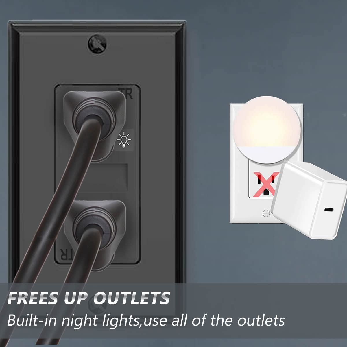 SOZULAMP Tamper Resistant Outlet with Built-in Night Light - 15 Amp 125V Electrical Receptacle - Glossy Black Wall Outlet with Wall Plate (4 Pack) - Perfect for Bedrooms, Hallways & Nursery Safety Lighting