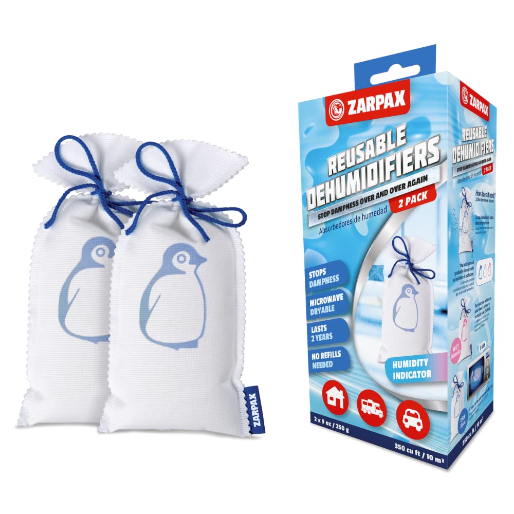 ZARPAX Mini Moisture Absorber Bags - 9oz (2 Pack) | Reusable Dehumidifier for Home, Closet & Car | Eliminates Dampness, Musty Odors & Humidity | Leakproof Moisture Absorber for Clothes, Shoes & Storage Areas