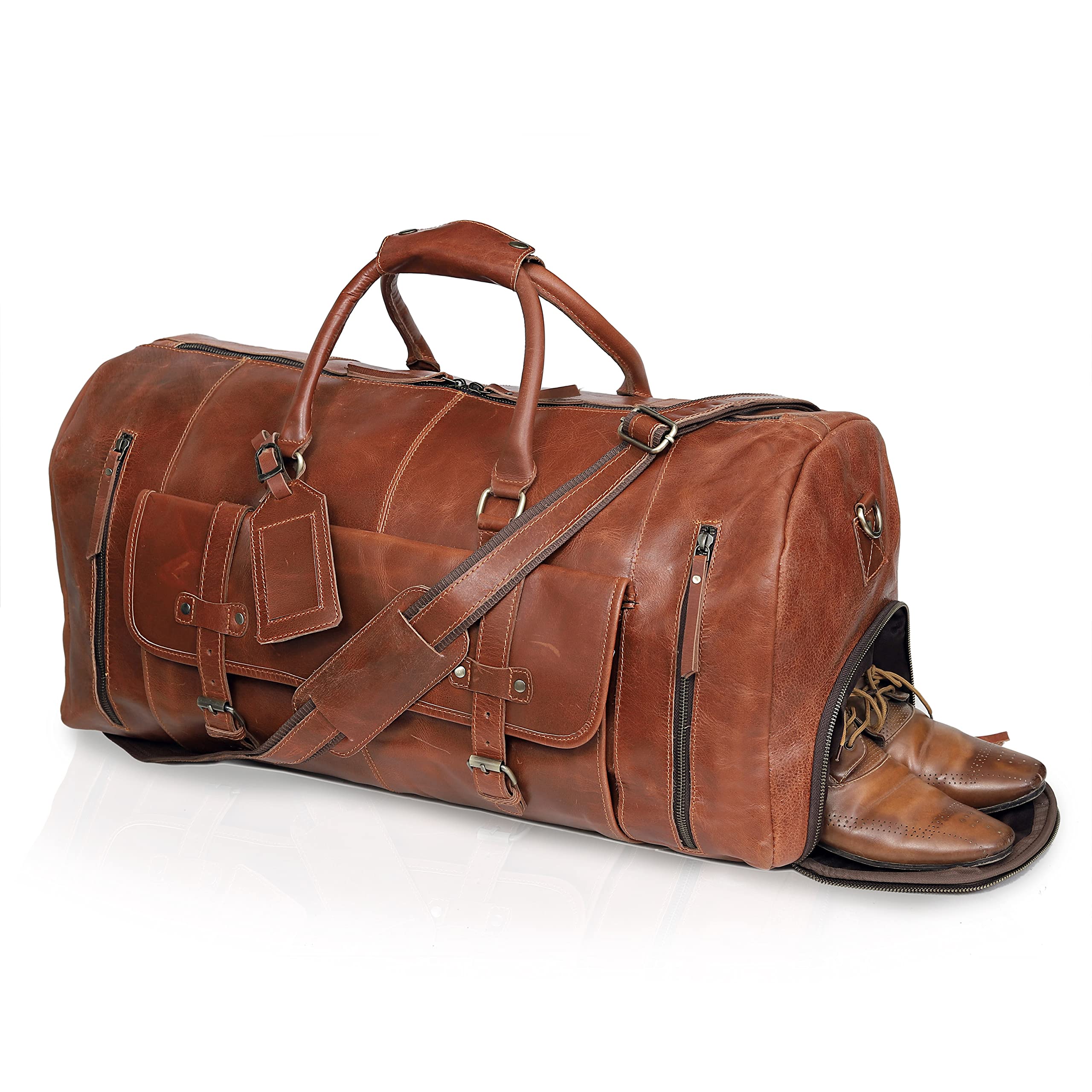 Premium Leather Duffle Travel Bag for Women & Men - 28 Inch Large Gym, Sports, Overnight & Weekend Carry-On with Shoe Compartment | Ideal for Airplane Cabin, Business Trips & Outdoor Adventures by Cureo