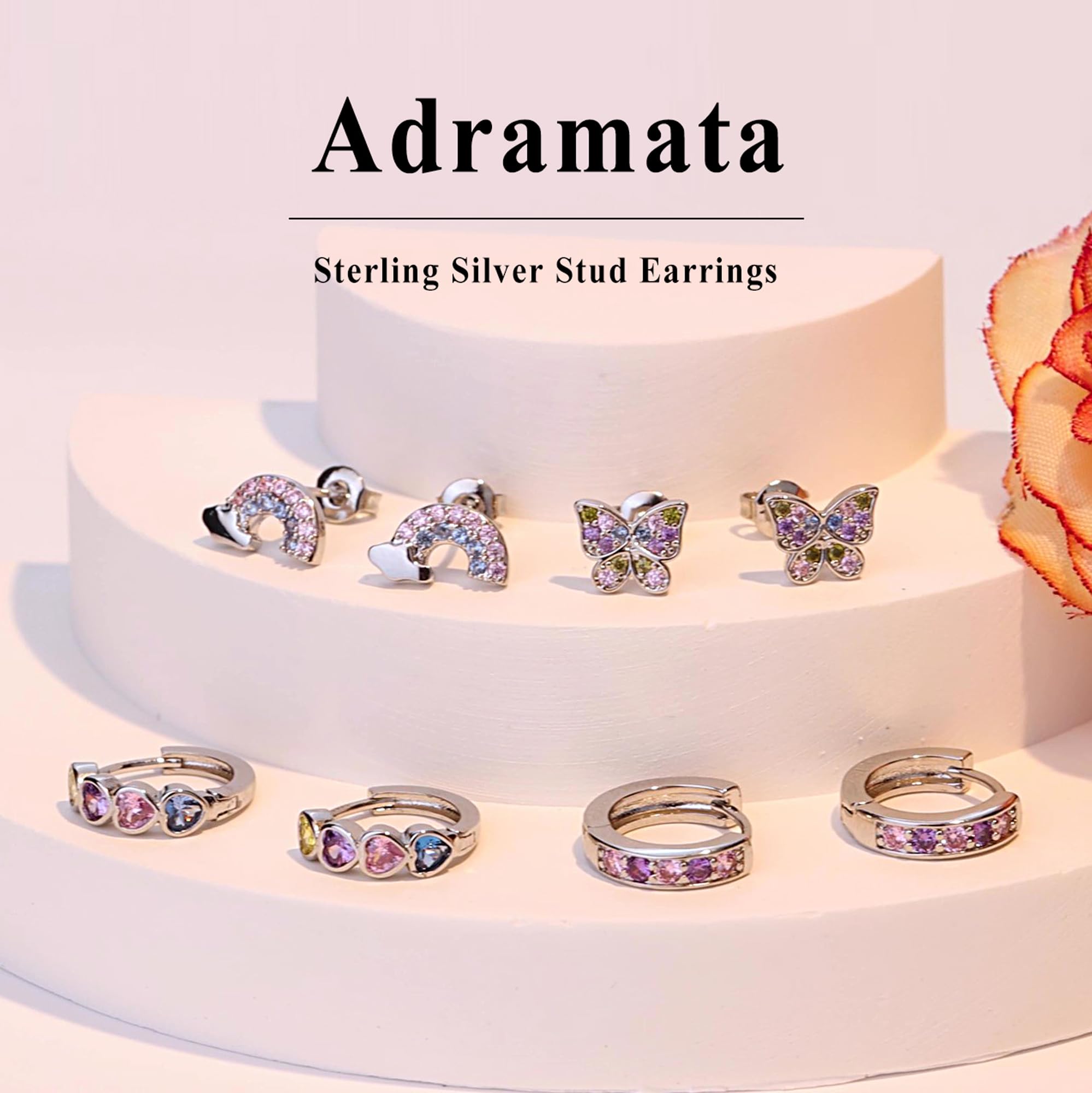 Adramata 4 Pairs 925 Sterling Silver Stud Earrings for Women & Girls - Butterfly & Heart Cartilage Earrings Set | Hypoallergenic Hoop & Stud Earrings | Perfect for Daily Wear, Gifts & Special Occasions