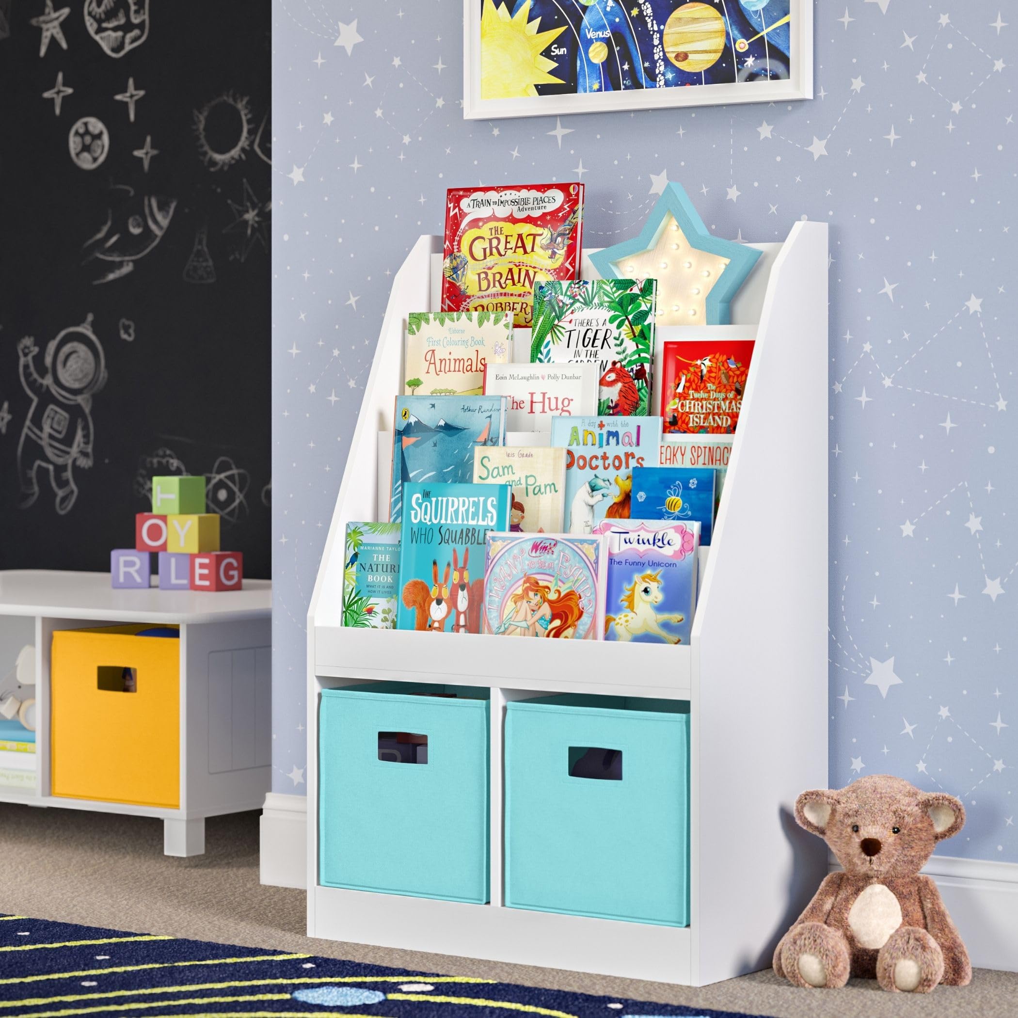 RiverRidge Kids Bookshelf and Toy Storage Organizer with 4 Book Racks, 2 Cubbies & 2 Blue Storage Bins - Space-Saving Nursery Organizer for Bedroom, Playroom or Classroom - Perfect for Books, Toys and Kids Room Decor
