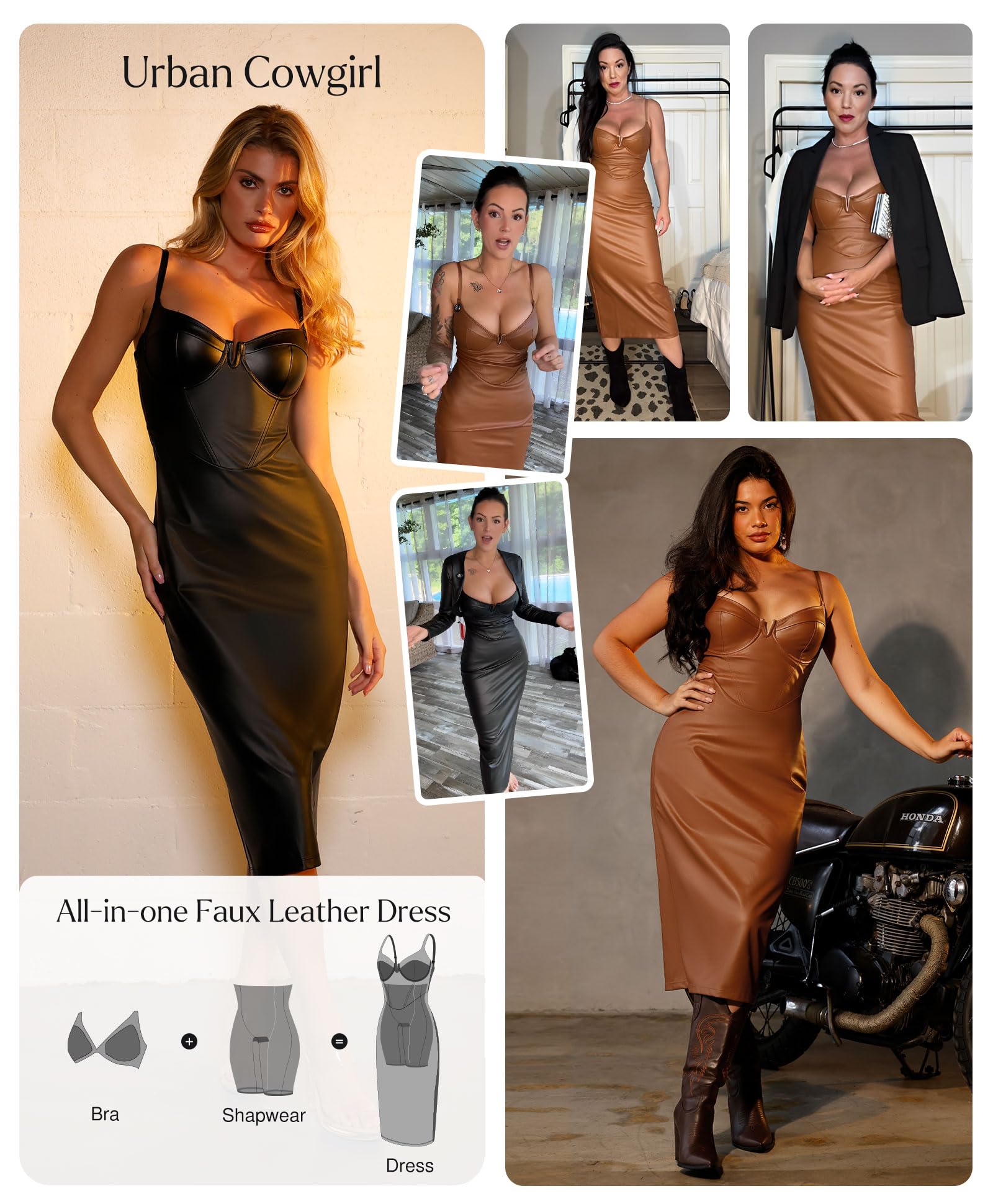 Popilush Women's Corset Shapewear Dress - Faux Leather Midi Bodycon Dress with V-Neck for Night Out & Club Wear | Slimming Tummy Control Outfit for Parties, Date Nights & Special Occasions