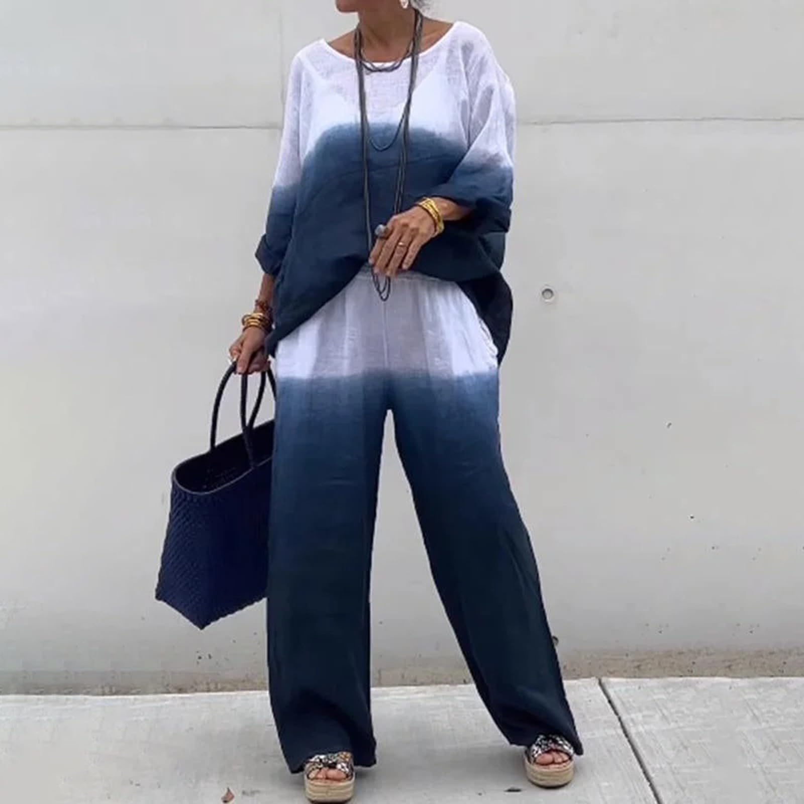 Women's Summer Outfit Fashion Casual Two-Piece Set with Long Sleeve Shirt & Wide Leg Pants | Spring & Summer Casual Wear for Women | Perfect for Beach Vacations, Outdoor Activities & Daily Wear