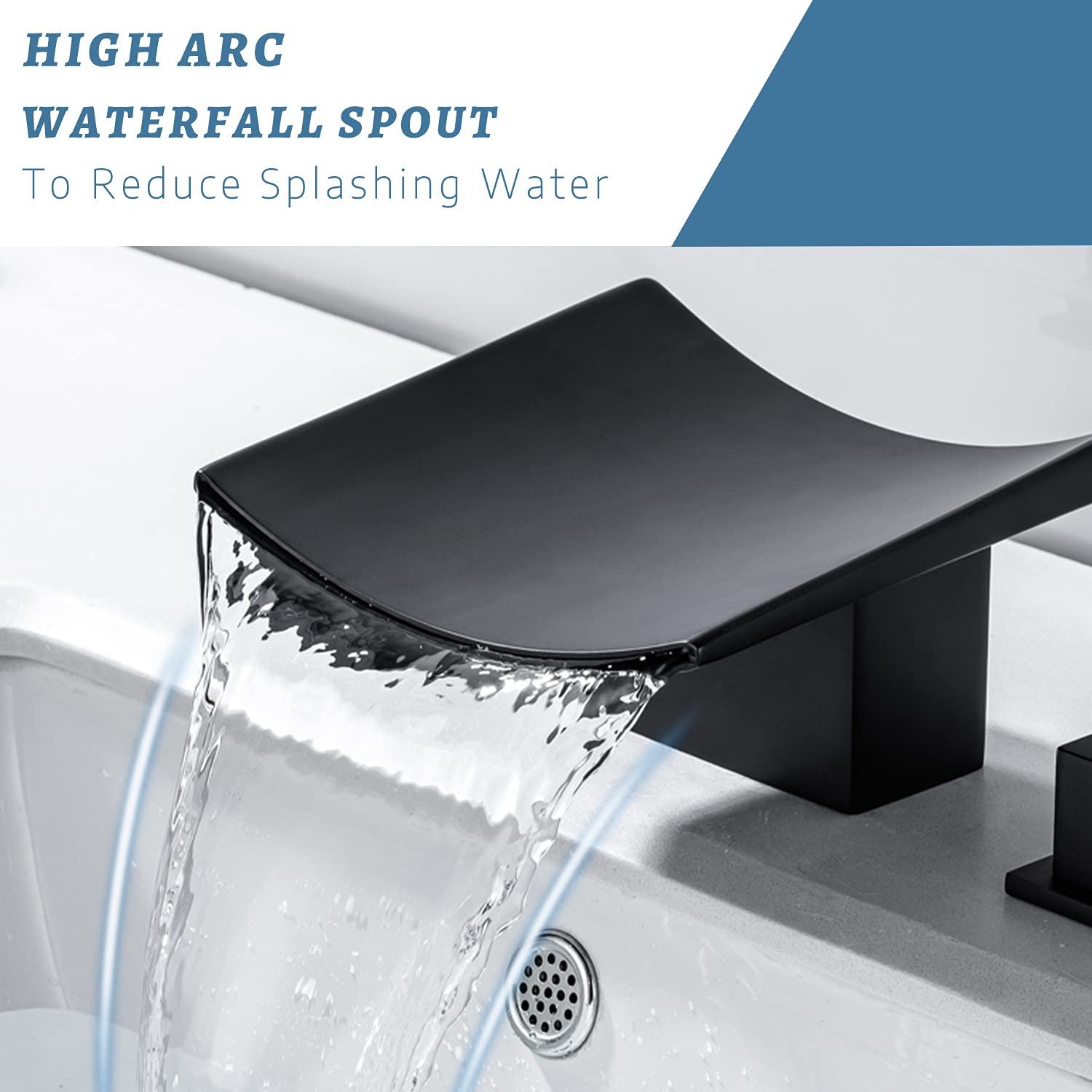 Modern Matte Black Bathroom Faucet - 3 Hole Widespread Dual Handle Brass Basin Mixer Tap with Supply Hoses - Waterfall Spout Design for Vanity Sink - Perfect for Contemporary Bathrooms & Powder Rooms