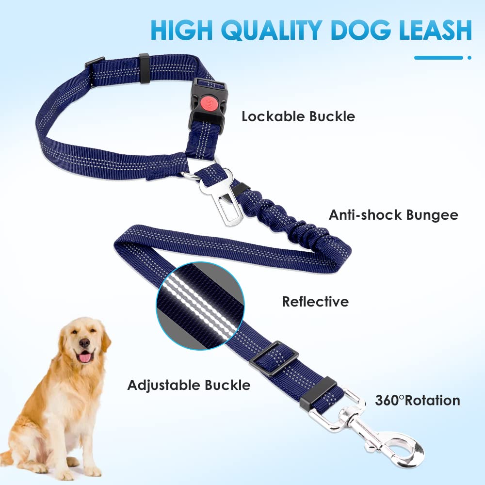 SlowTon Adjustable Dog Car Seat Belt - 2 Pack Pet Safety Harness with Elastic Bungee Buffer & Reflective Tether | Headrest + Clip Attachment | Perfect for Road Trips, Vet Visits & Daily Commutes (Blue)