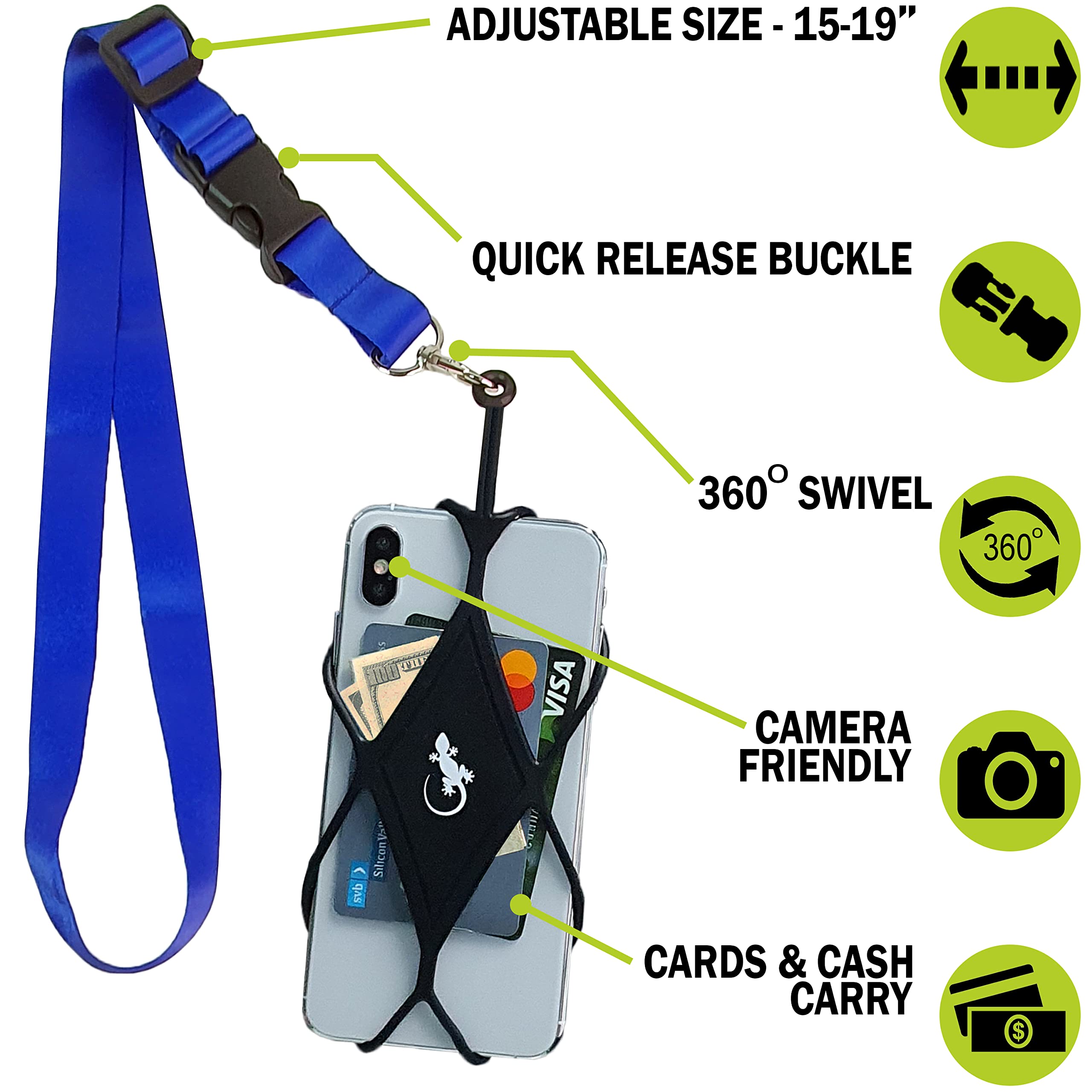 Universal Phone Lanyard Holder with Gecko Grip - Adjustable Neck Strap for iPhone, Samsung & Most Smartphones (Blue/Black Diamond) - Perfect for Travel, Hiking, Work & Hands-Free Convenience