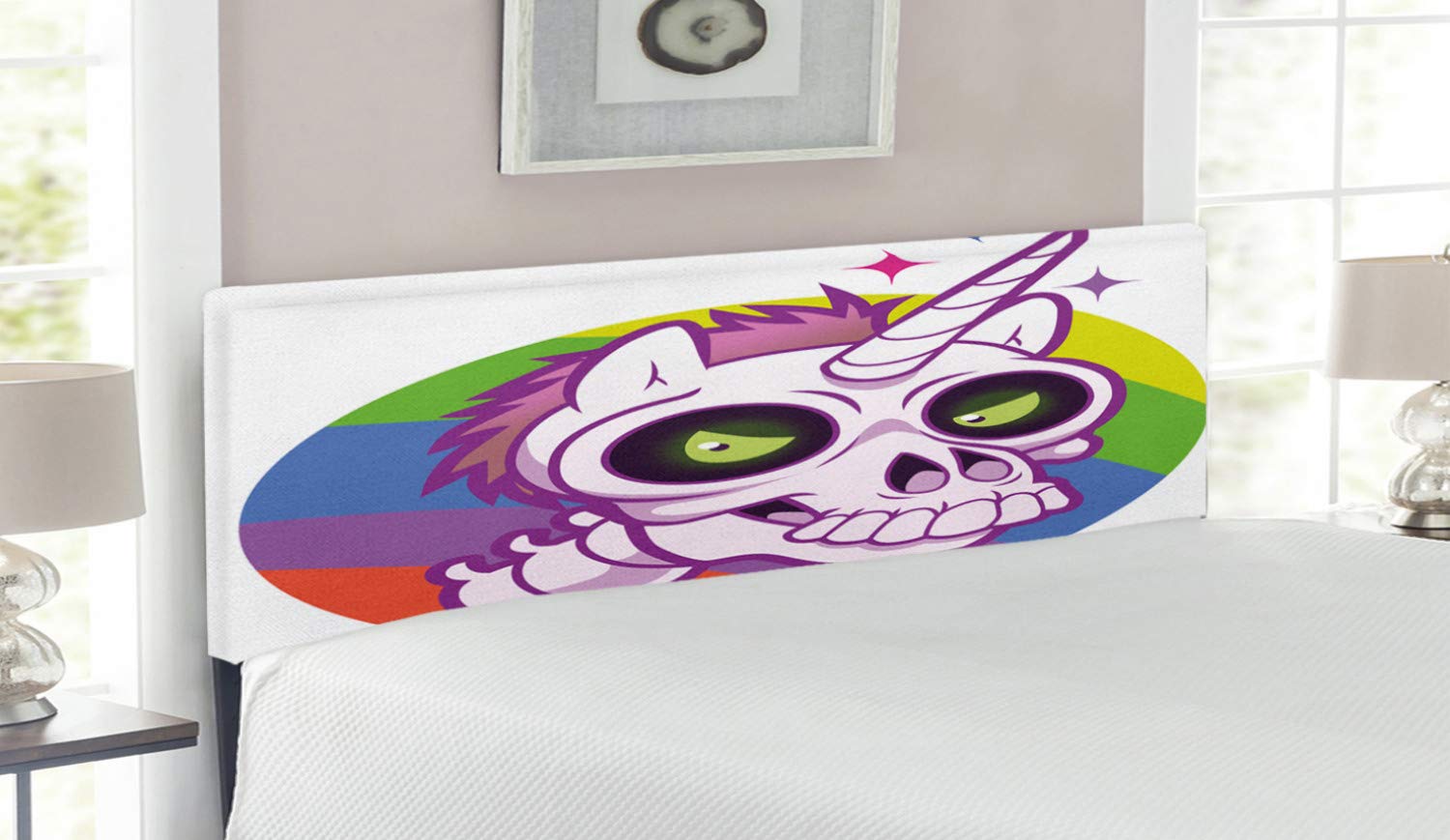 Ambesonne Cartoon Headboard - Doodle Style Unicorn Skull with Green Eyes & Rainbow Background - Upholstered Decorative Metal Bed Headboard with Memory Foam - Queen Size Multicolor - Perfect for Kids' Bedroom, Teen Room Decor & Fantasy Themed Spaces