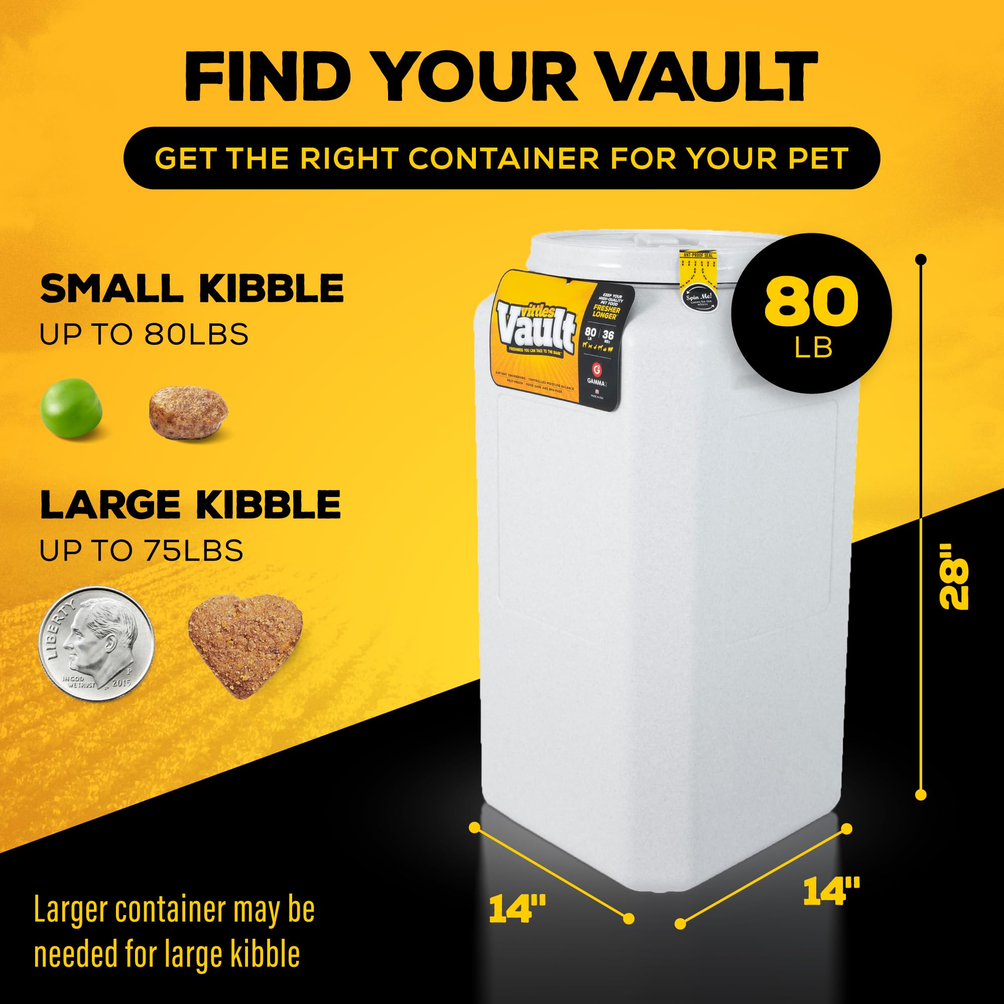 Gamma2 Vittles Vault Airtight Pet Food Storage Container for Dogs & Cats - 80lb Capacity, BPA-Free, USA Made (14