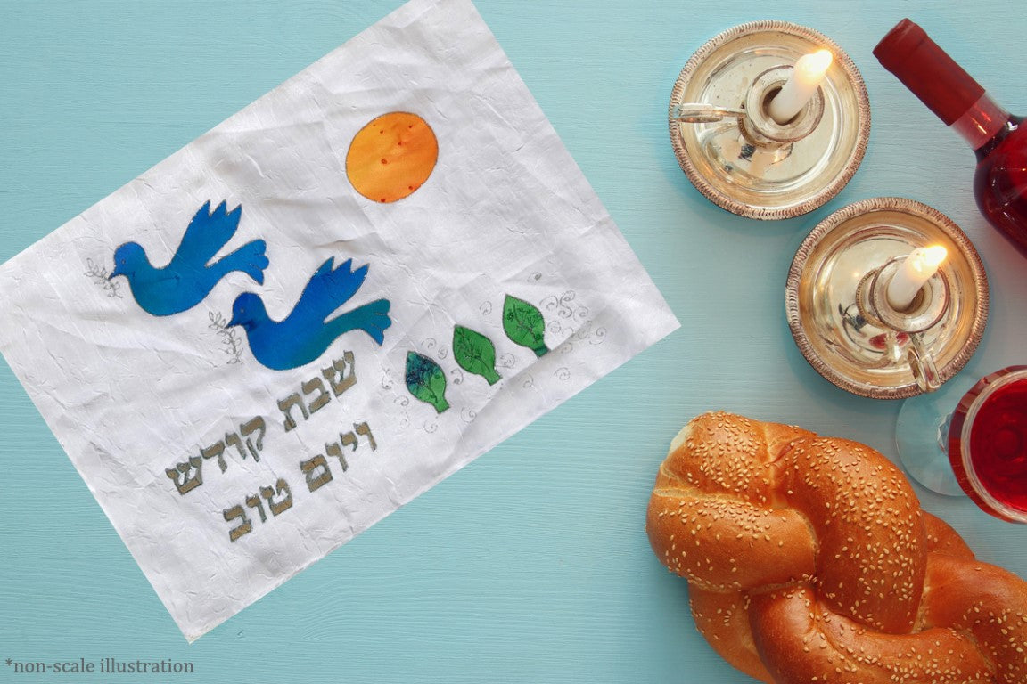 Hand Painted Blue Doves of Peace Challah Cover - Elegant Shabbat & Jewish Holiday Bread Cloth for Home Ceremonies