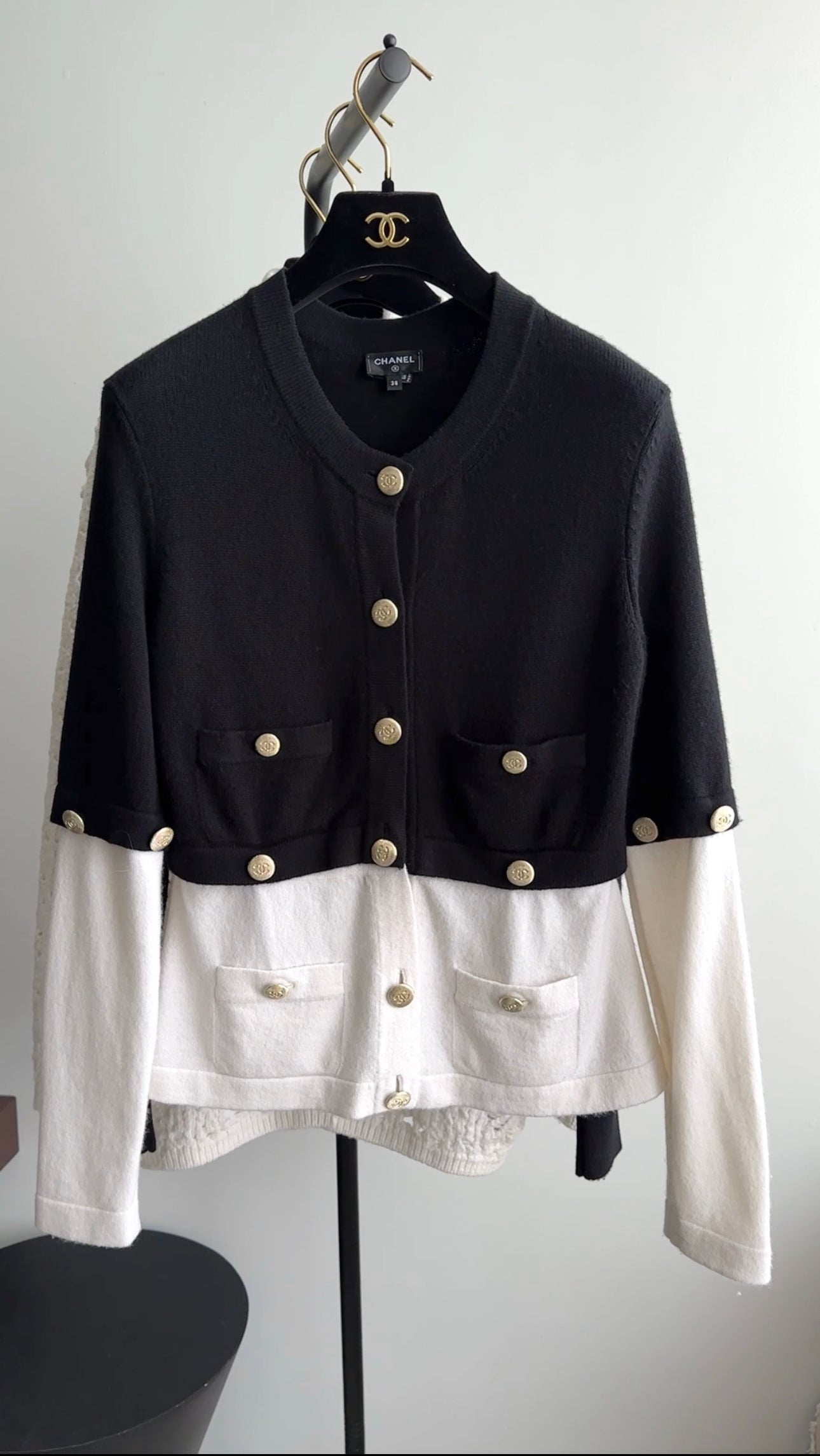 Chanel 22C Black & Off White Cashmere 4-in-1 Cardigan Sweater Women's Size FR38/S - Luxury Knitwear for Office, Party & Winter Fashion