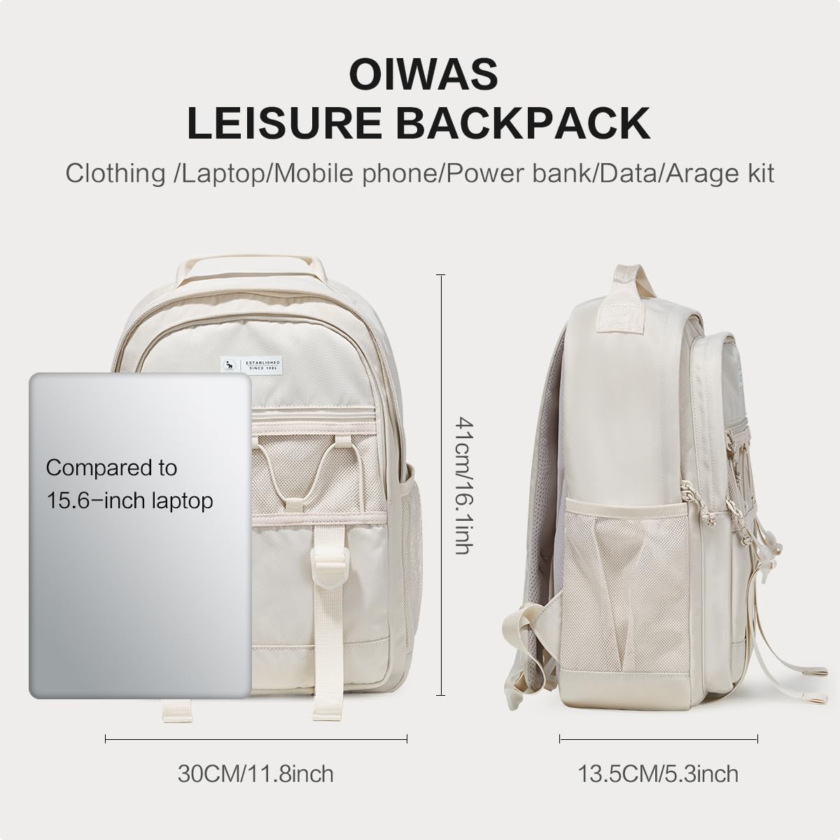 OIWAS Women's 15.6 Inch Laptop Backpack - Lightweight Stylish Travel Daypack with Large Capacity | Perfect for Work, School, Commuting & Travel (Off White)