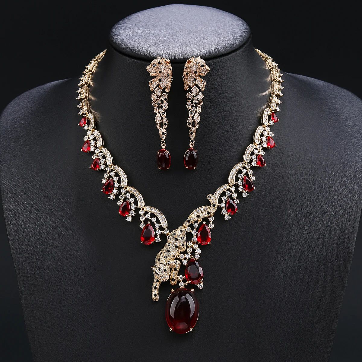 Luxury Cubic Zirconia Leopard Necklace & Earrings Set for Women - Red, Blue, Yellow Animal Print Jewelry - Perfect for Parties, Costume Events and Evening Occasions