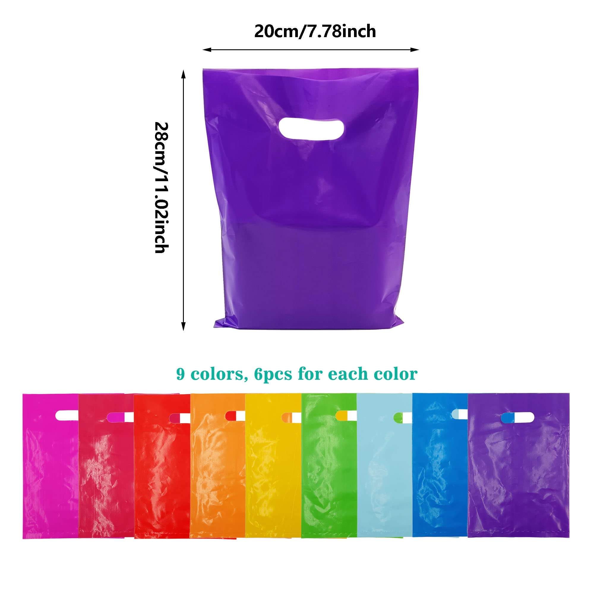 54PCS Plastic Handle Party Favor Bags - Colorful Gift Bags for Birthday, Halloween, Christmas, Thanksgiving - Perfect for Candy, Cookies & Desserts - Retail & Bulk Packaging
