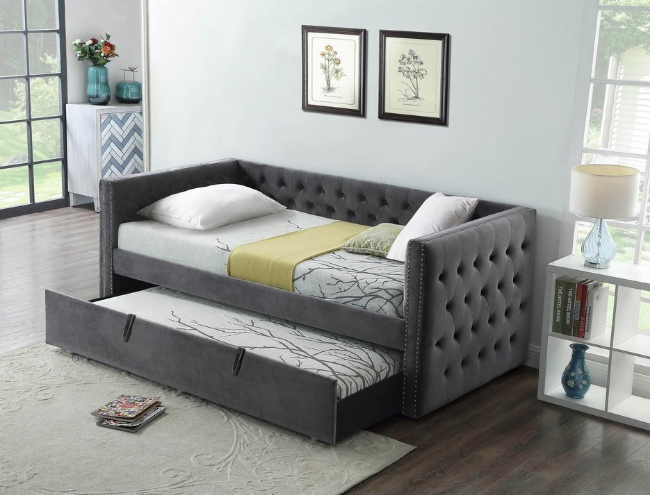 Luxury Grey Velvet Twin Day Bed with Trundle - Modern Sofa Sleeper for Small Spaces, Guest Room & Kids Bedroom - Soft & Comfortable Upholstered Daybed for Living Room, Dorm or Studio Apartment