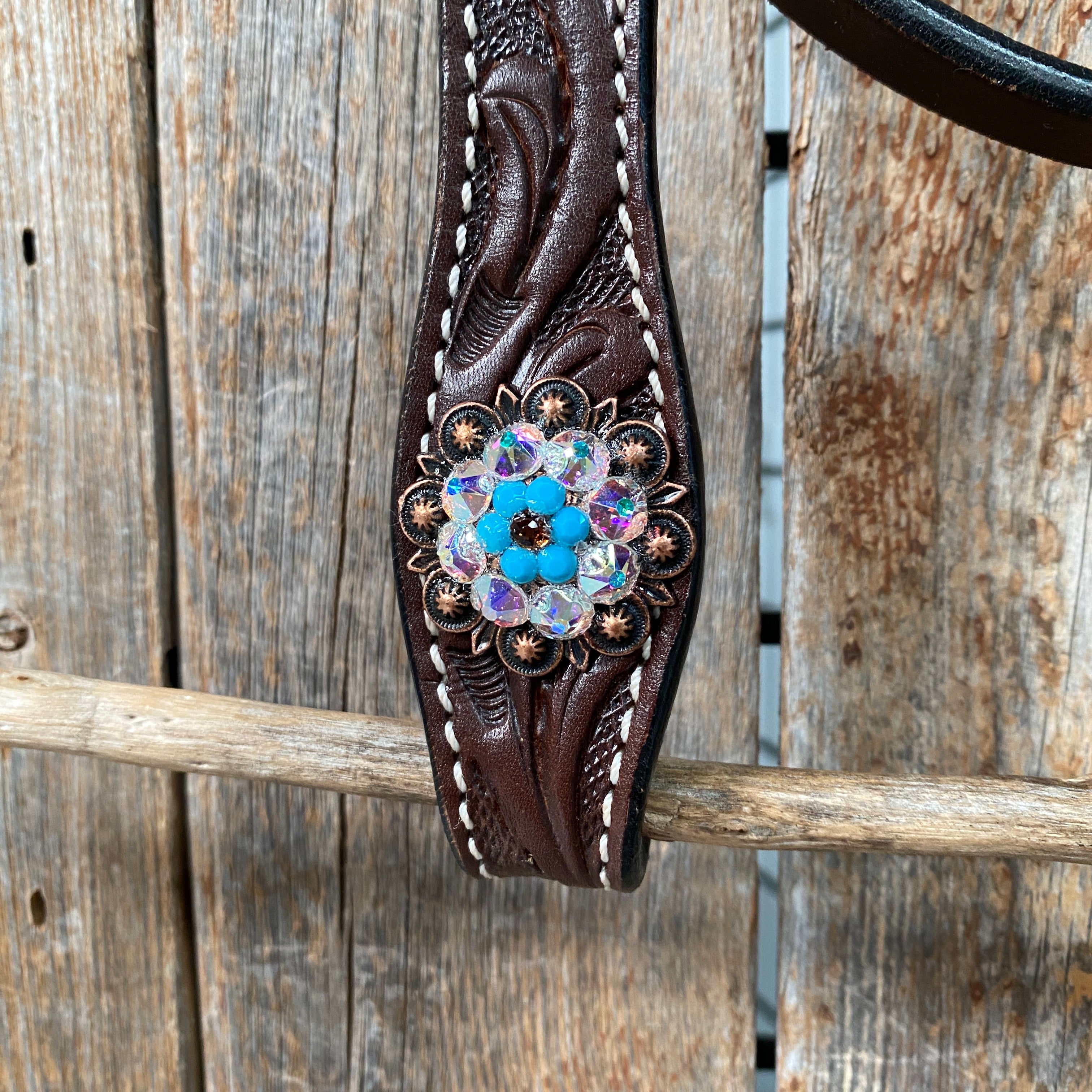 Dark Oil Floral Topaz & Turquoise Horse Browband and Breastcollar Tack Set for Equestrian Riding - Western Show & Trail Riding Accessories #BBBC592
