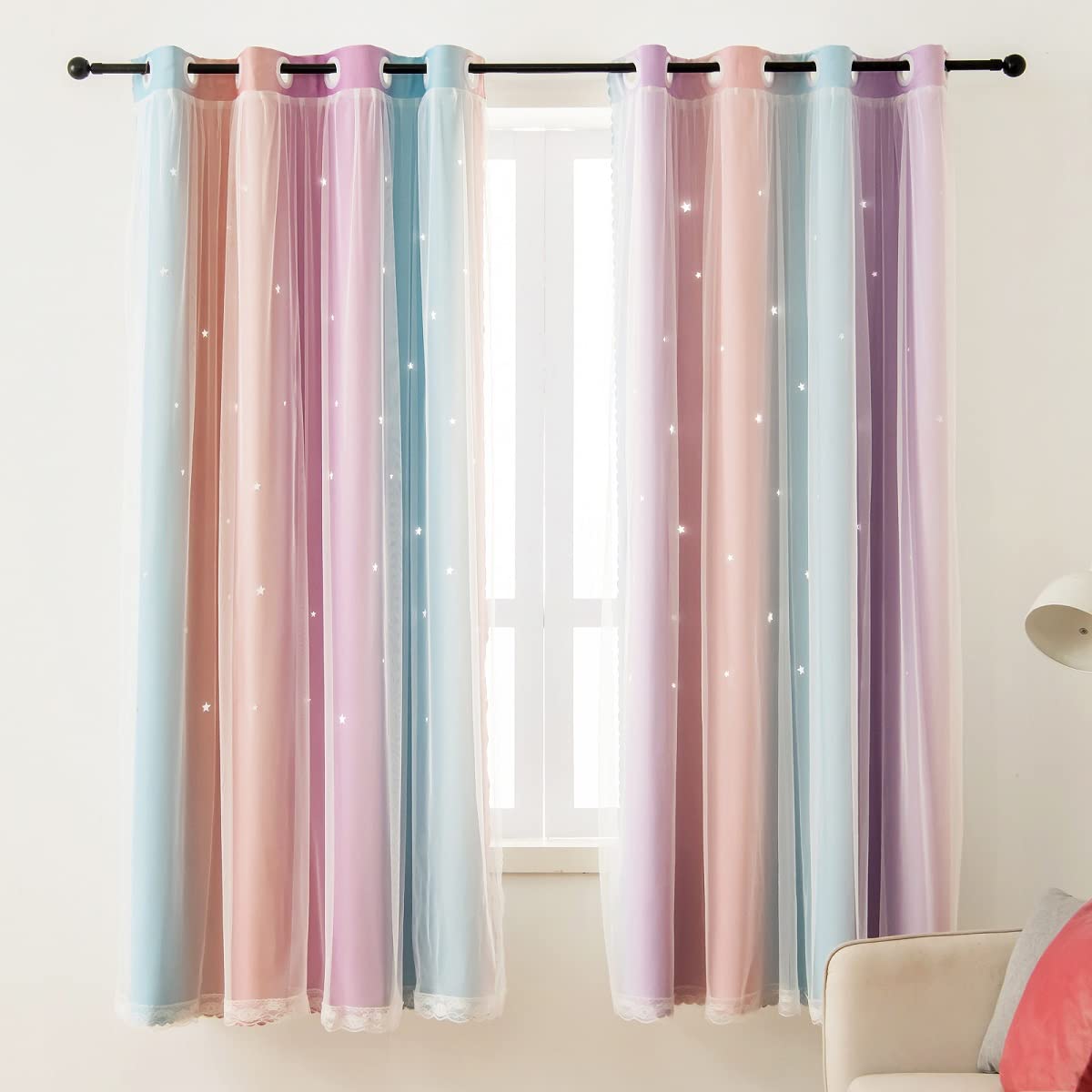 Ftinala Girls Blackout Curtains for Bedroom - 63 Inch Length 2 Panels Set with Star Cutouts, Rainbow Design in Violet Purple Pink Blue - Aesthetic Nursery & Kids Room Decor for Better Sleep & Sun Protection
