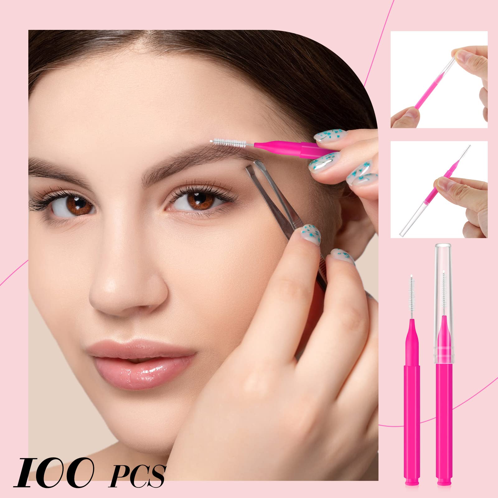 100 Pieces Micro Eyebrow Brush with Cap - Professional Brow Lamination & Eyelash Extension Tools - Multifunctional Eyebrow Brush & Lash Comb for Perfect Brows & Lashes (Pink) - Ideal for Salon, Home Use & Professional Makeup Artists