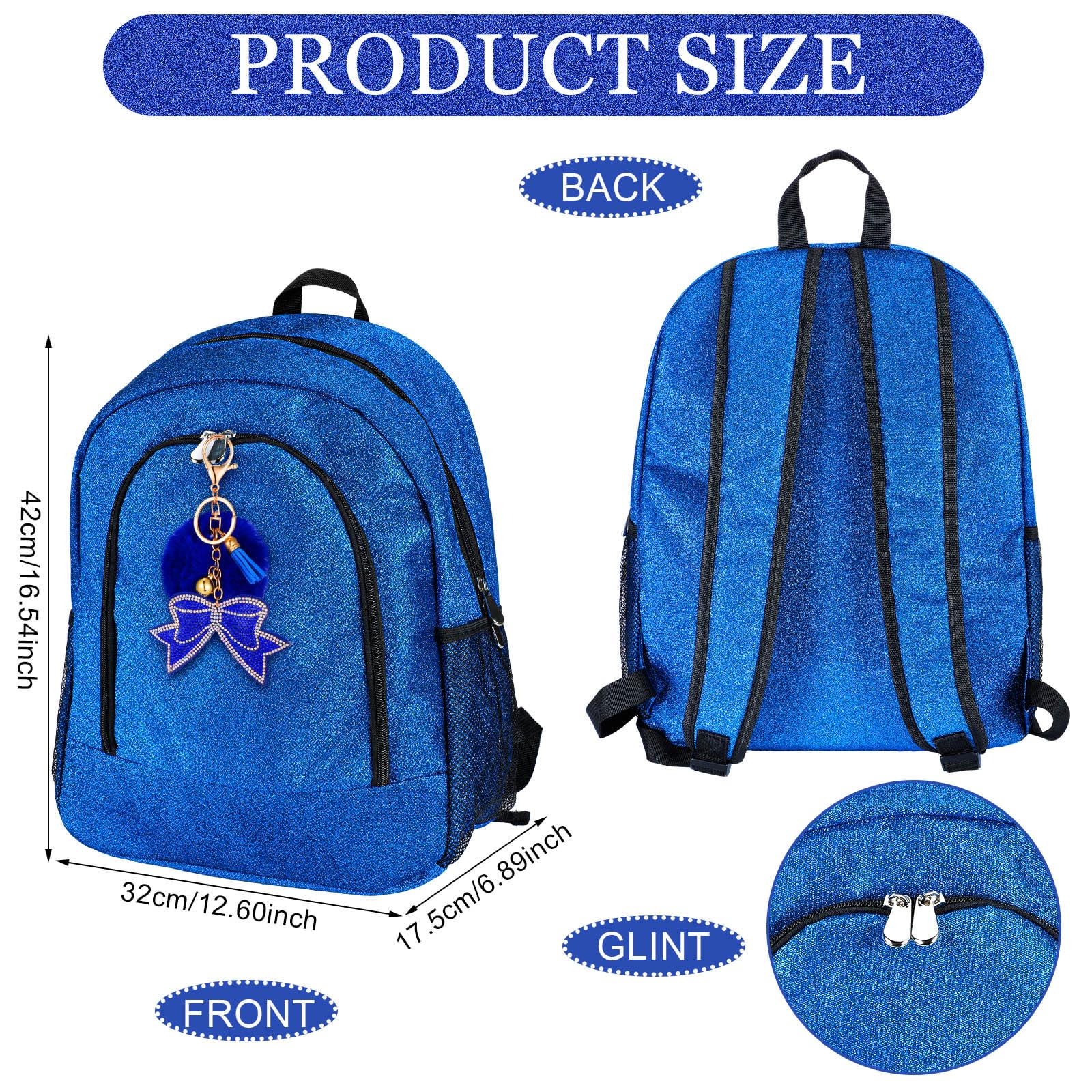 Cheerleading Glitter Backpack with Cheer Bow Keychain - Large Blue Sports Bag for Cheerleaders | Perfect Gift for Cheer Teams, Practice & Game Days