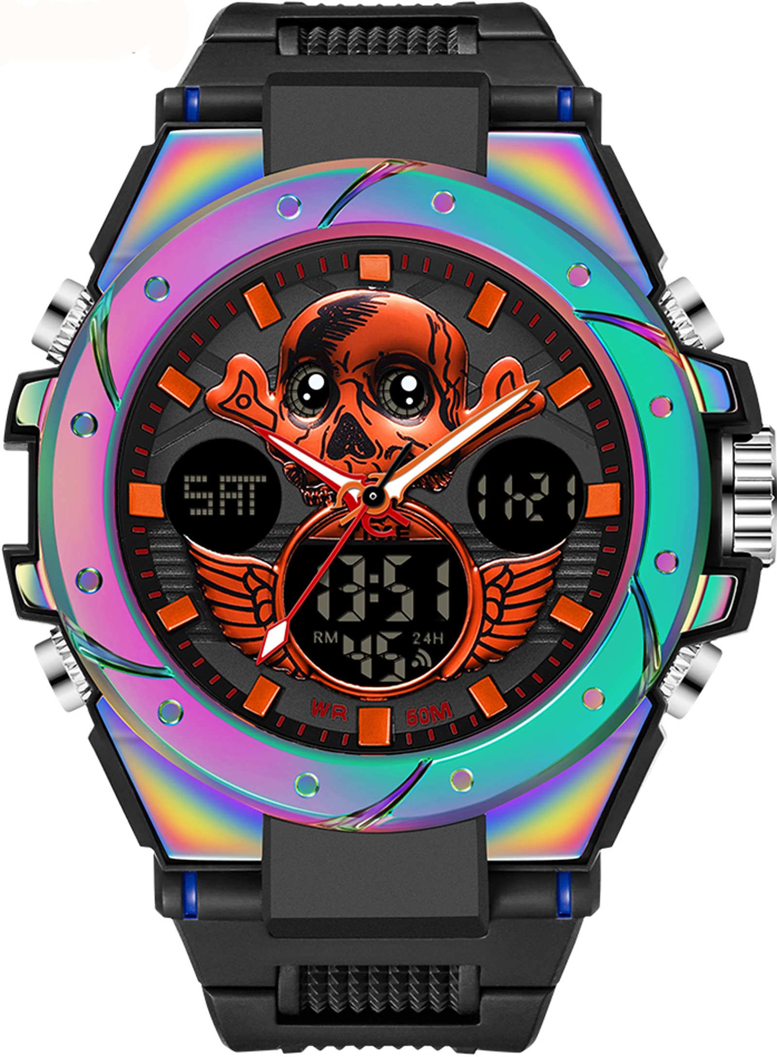 Men's Tactical Skull Watch - Military Digital Analog Big Face - 5ATM Waterproof for Outdoor Sports & Casual Wear
