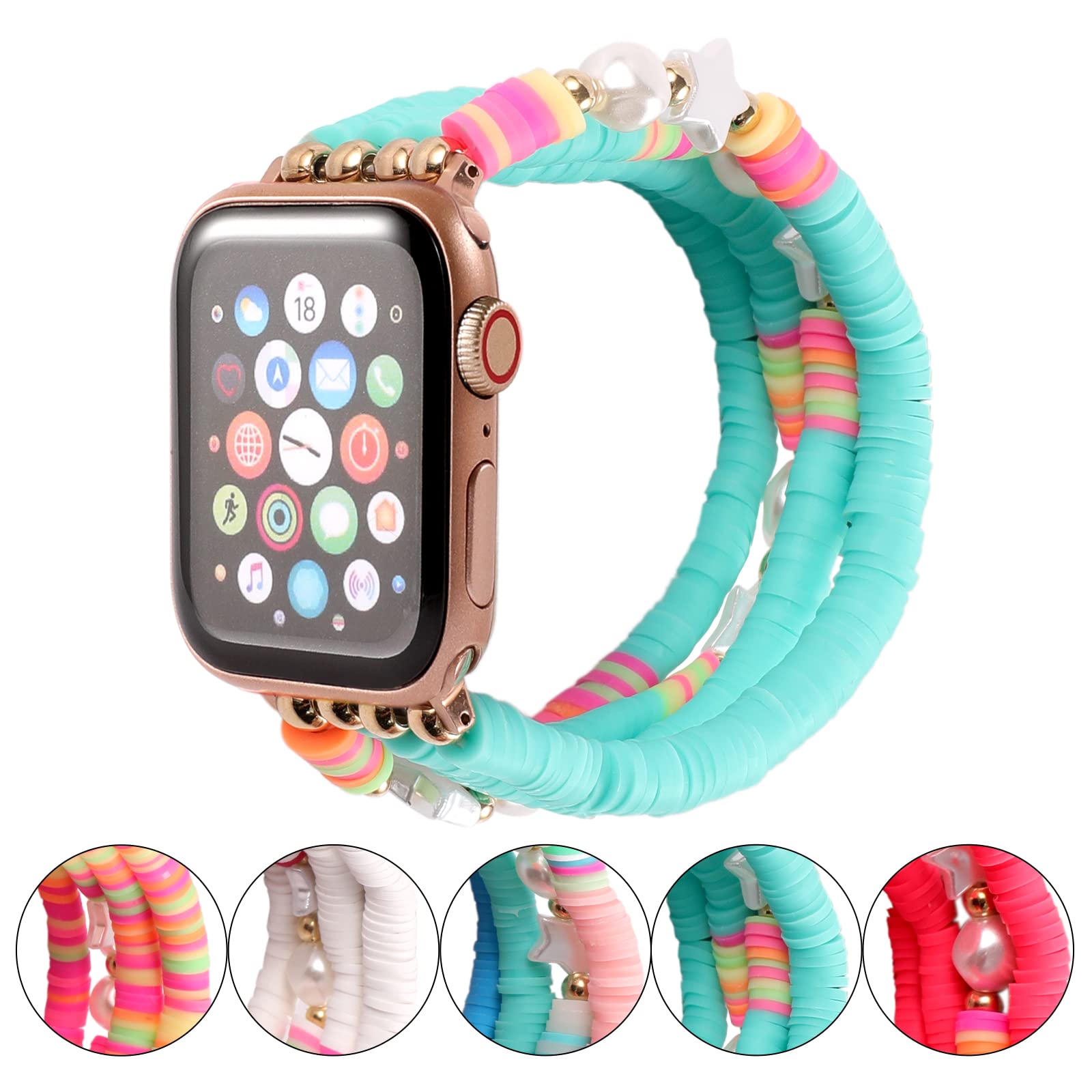 Betykuku Stretchy Beaded Elastic Band for Apple Watch 38/40/41/42/44/45mm - Boho Star Pearl Design, Handmade Fashion Strap Compatible with iWatch Series 7/6/5/4/3/2/1 - Perfect for Women's Casual Wear, Office Accessories & Boho Chic Outfits