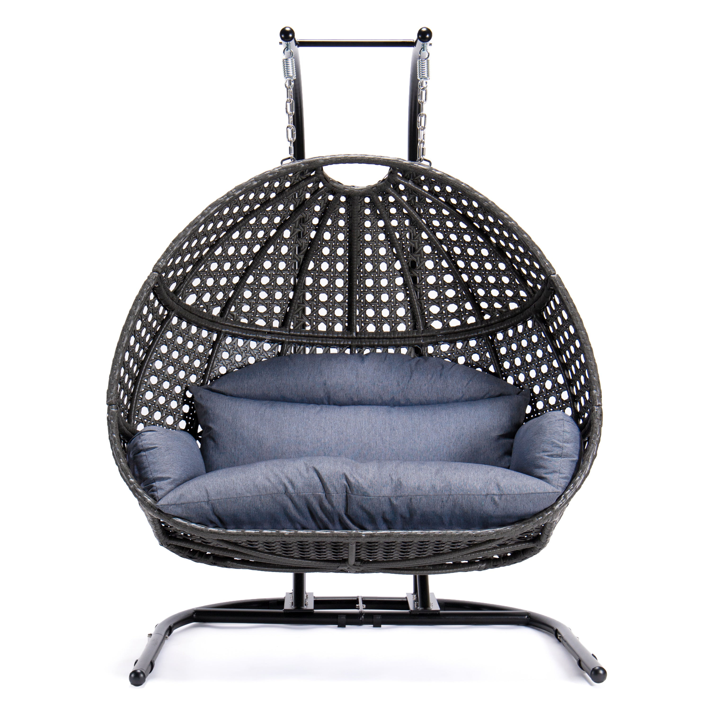 Outdoor Charcoal Wicker Hanging Double Seat Swing Chair with Stand & Dust Blue Cushion - Perfect for Patio, Garden, Backyard Relaxation