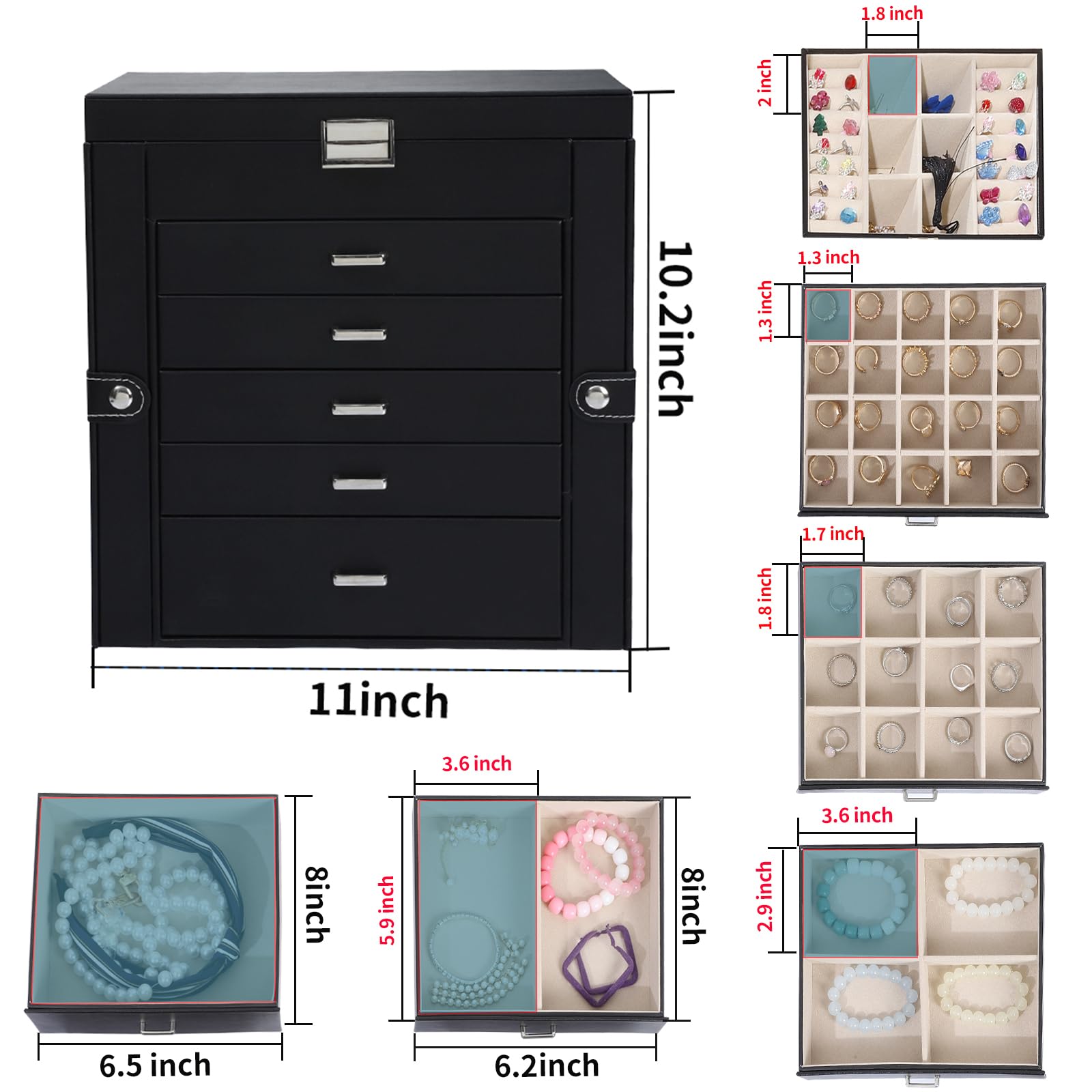BOOVO 6-Layer Large Jewelry Organizer Box with Mirror & Lock - Multi-Function Storage Case for Women - 5 Drawers Accessory Holder for Earrings, Necklaces, Rings & Bracelets (Clear Black) - Perfect for Bedroom, Vanity & Travel Organization