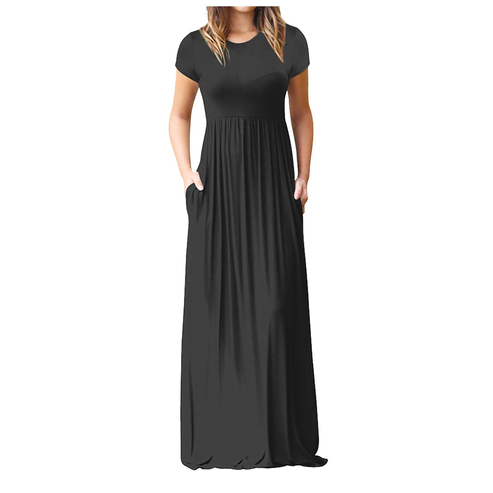 Hotkey Women's Maxi Dresses - Short Sleeve Casual Summer Dress with Pockets, O-Neck Sexy Long Cami for Beach, Vacation & Outdoor Activities